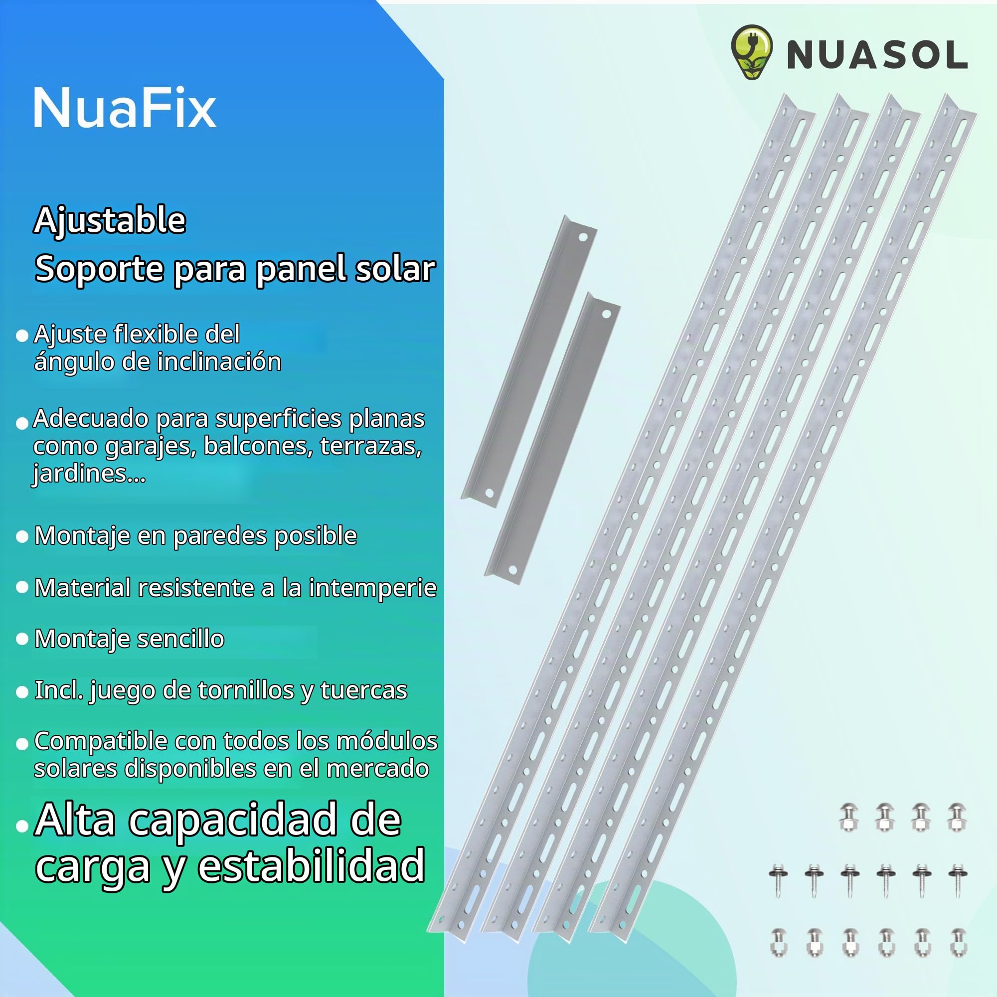 Soporte para panel solar, hasta 105 cm, techo plano, módulo solar PV, ajustable 0-90°, set de aluminio, material de montaje, color plateado