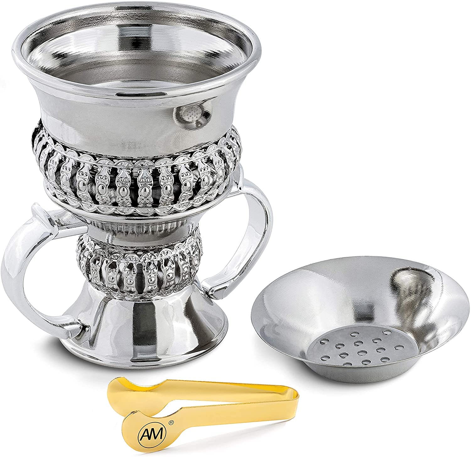 AM Bakhoor Incense Burner – Bakhoor Resin Burner with Handle Tongs for Yoga, Spa, and Aromatherapy | Silver