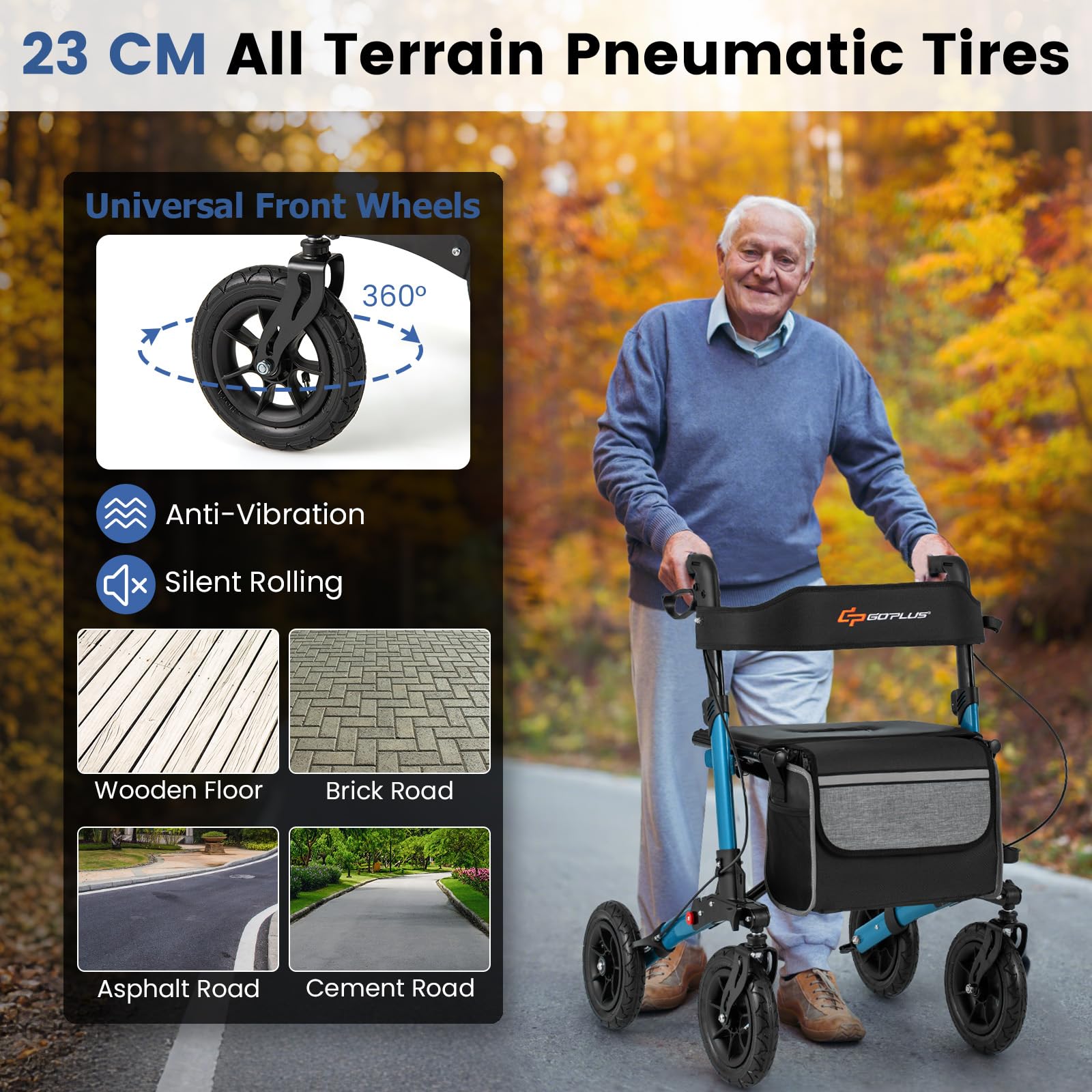 HOMASIS 2 in 1 Deambulatore per Anziani con Seduta, Deambulatore Pieghevole e Regolabile in 7 Altezze, Carrello Rollator in Alluminio per Anziani da Viaggio con Borsa, Fino a 140 kg (Blu)