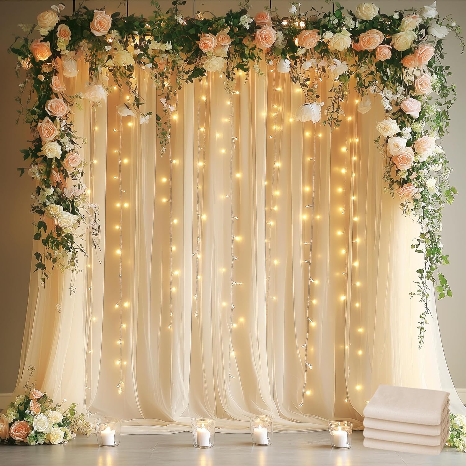 Fomcet Tulle Curtains with Lights String Champagne 20FT X 8FT Sheer Backdrop Curtains for Parties Wedding Baby Shower Photo Shoot Decorations (4 Panels 5 x 8FT) 20FT×8FT Champagne