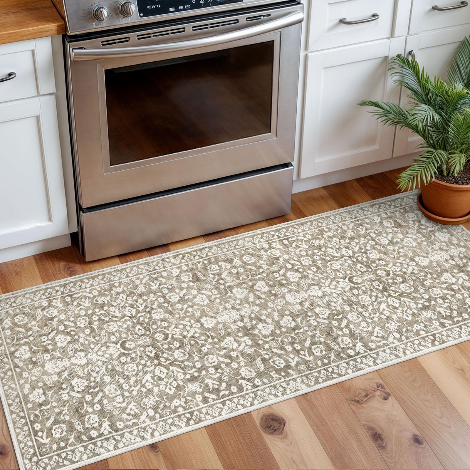 SILOLOOM Vintage-Style Rug Runner, Washable, 2x5 inches, Beige Runner for Hallway, Super Soft, Neutral Kitchen Runner, Non-Slip, Printed Faux Wool, Floral Pattern, Thin Rug Runner for — image 1