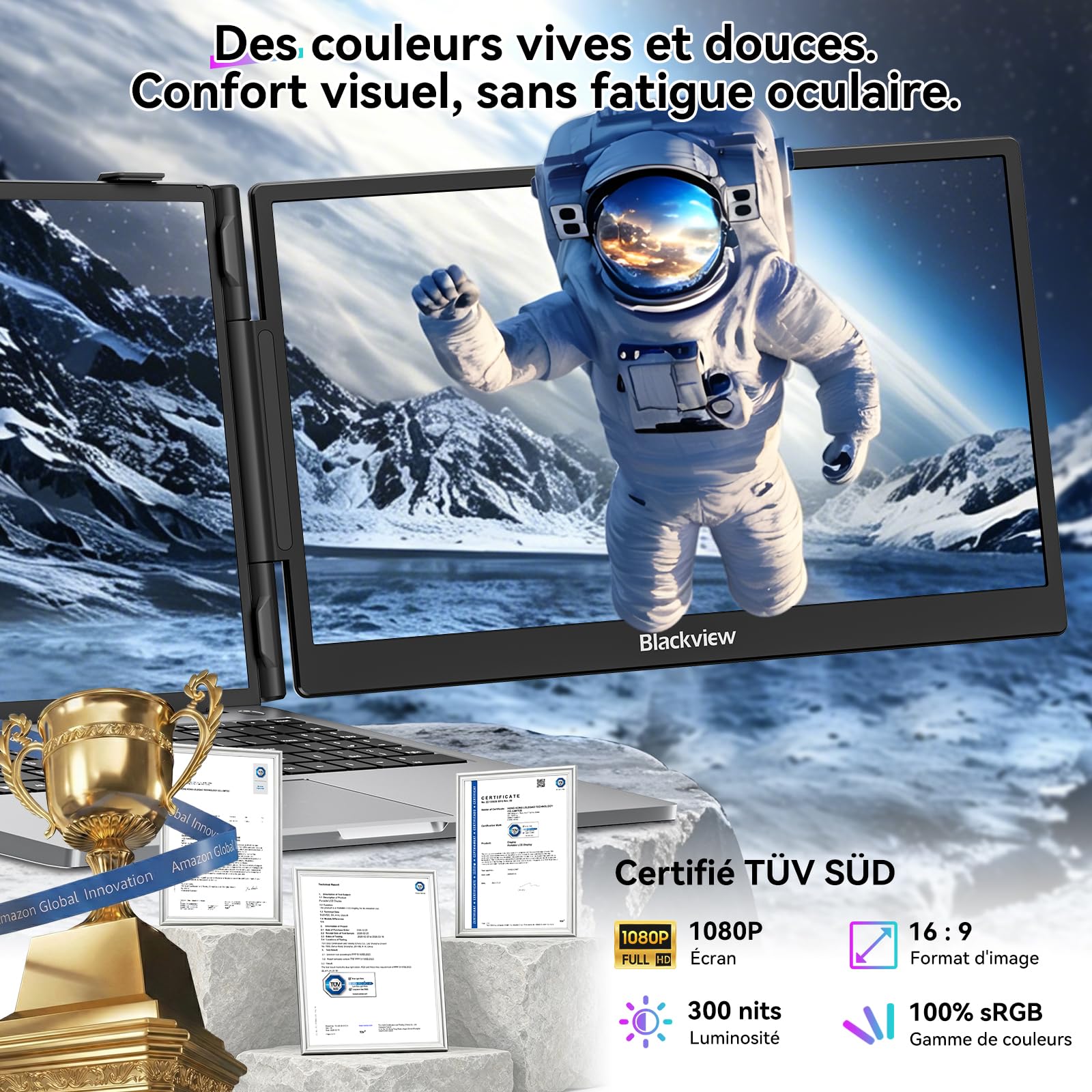 Blackview SCM5 Moniteur Portable 14,1", Ultra Fine FHD 1920P Certifié TÜV Écran Portable pour Ordinateur, 13,3"-17,3", Plug & Play Compatible avec Mac, Windows, Chrome, Android
