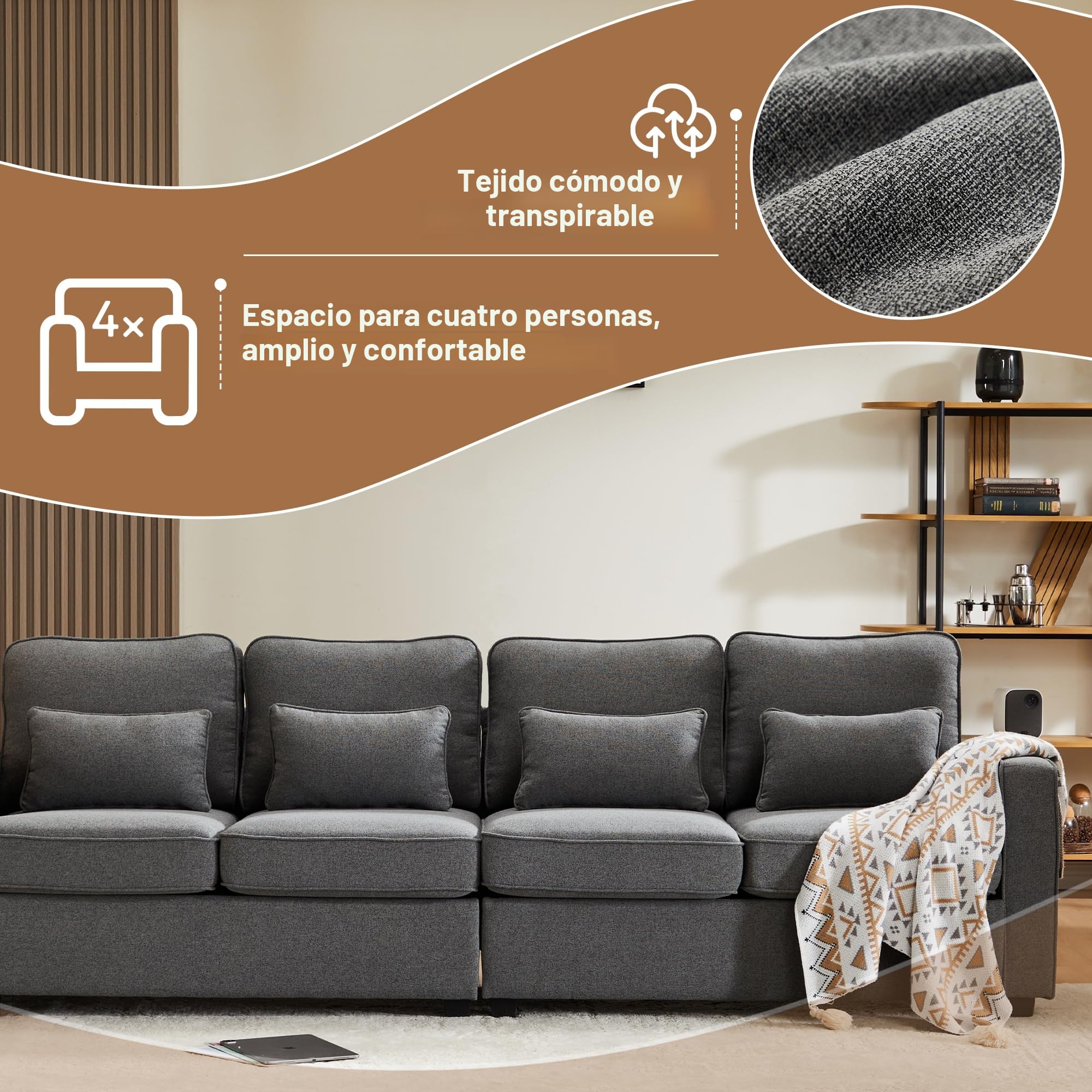 Lubvtti Sofá 4 Plazas Moderno de Tela de Lino con Bolsillos para Reposabrazos y 4 Cojines, Estilo Sencillo para Salón o Dormitorio, Gris Oscuro