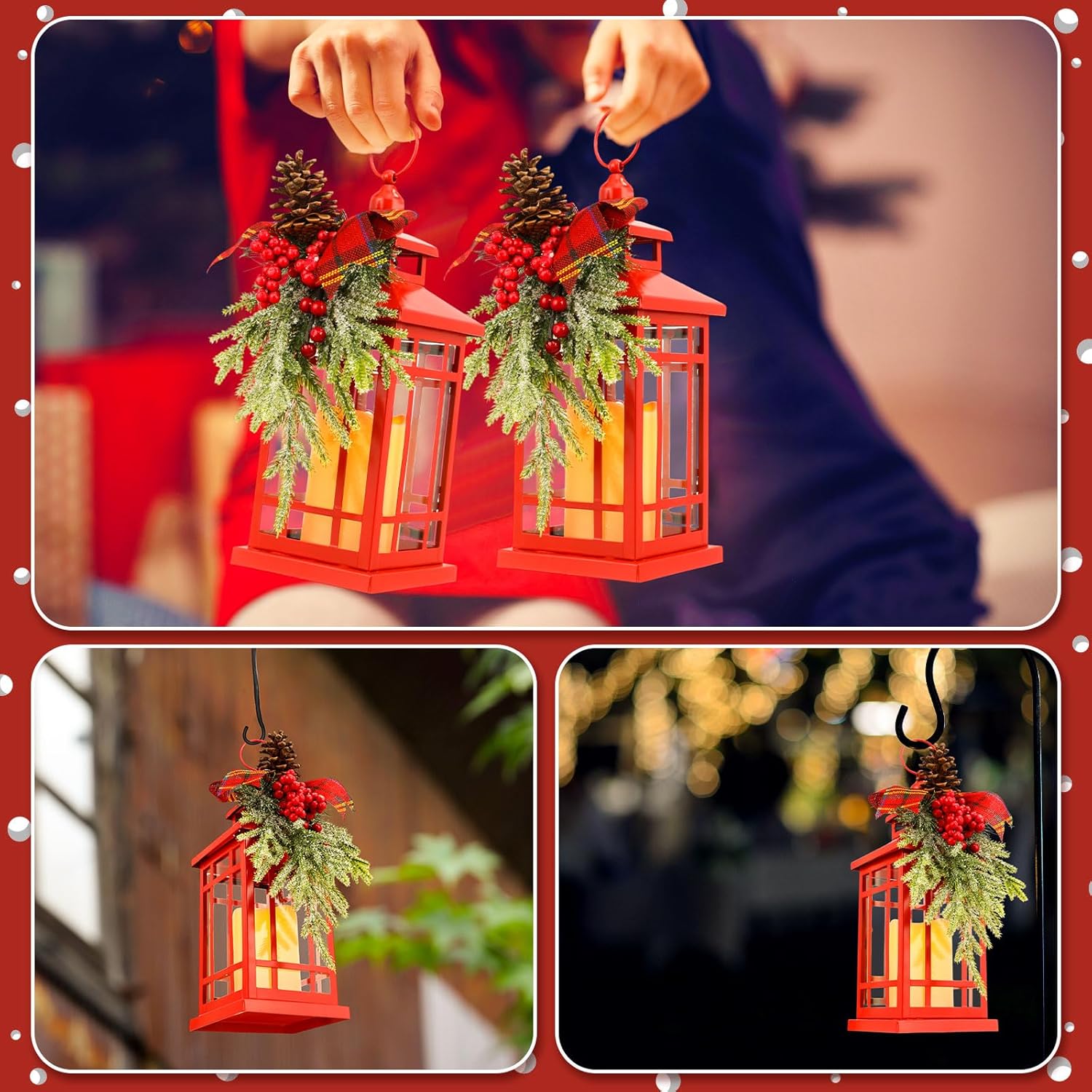 Tuanse 2 Pcs Christmas Decorative Lanterns Red Metal Hanging Candle Lantern Vintage Flameless Decorative Lanterns with LED Lights for Indoor Outdoor Home Table Porch