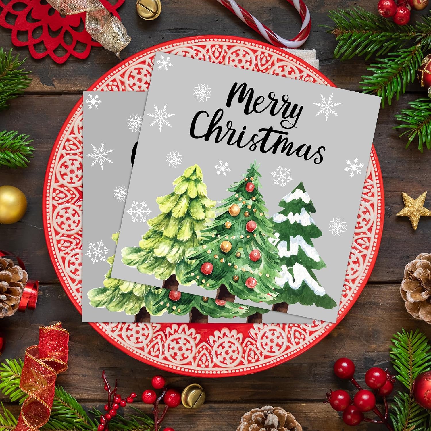 100Pcs Christmas Tree Paper Napkins Design Dinner Napkins Guest Paper Merry Christmas Tree Disposable Xmas Hand Towel Winter Napkin for Xmas Party Holiday Supplies