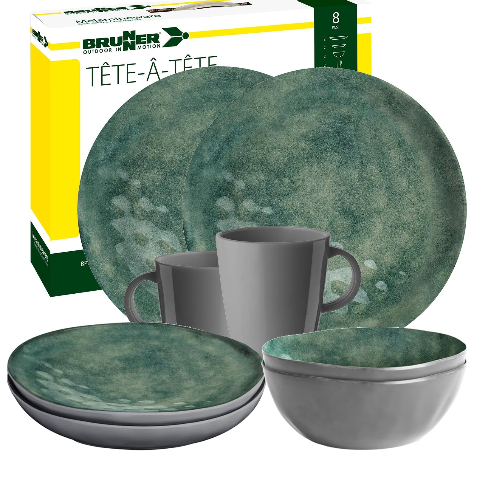 BRUNNER Campinggeschirr Melamin (Set 8 12 16 36 Teilig) Venetian Sea Green | Antislip (Antirutsch), 2-4 Personen, wie Steingut (StoneTouch), Bruchfest, Teller & Schüsseln, Wohnmobil Wohnwagen Boot