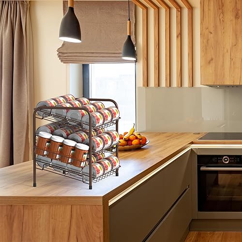 Miniatura 3 de CADUKE Paquete de 2 organizadores de latas para despensa, dispensador de almacenamiento de 3 niveles con cesta lateral, estantes de almacenamiento