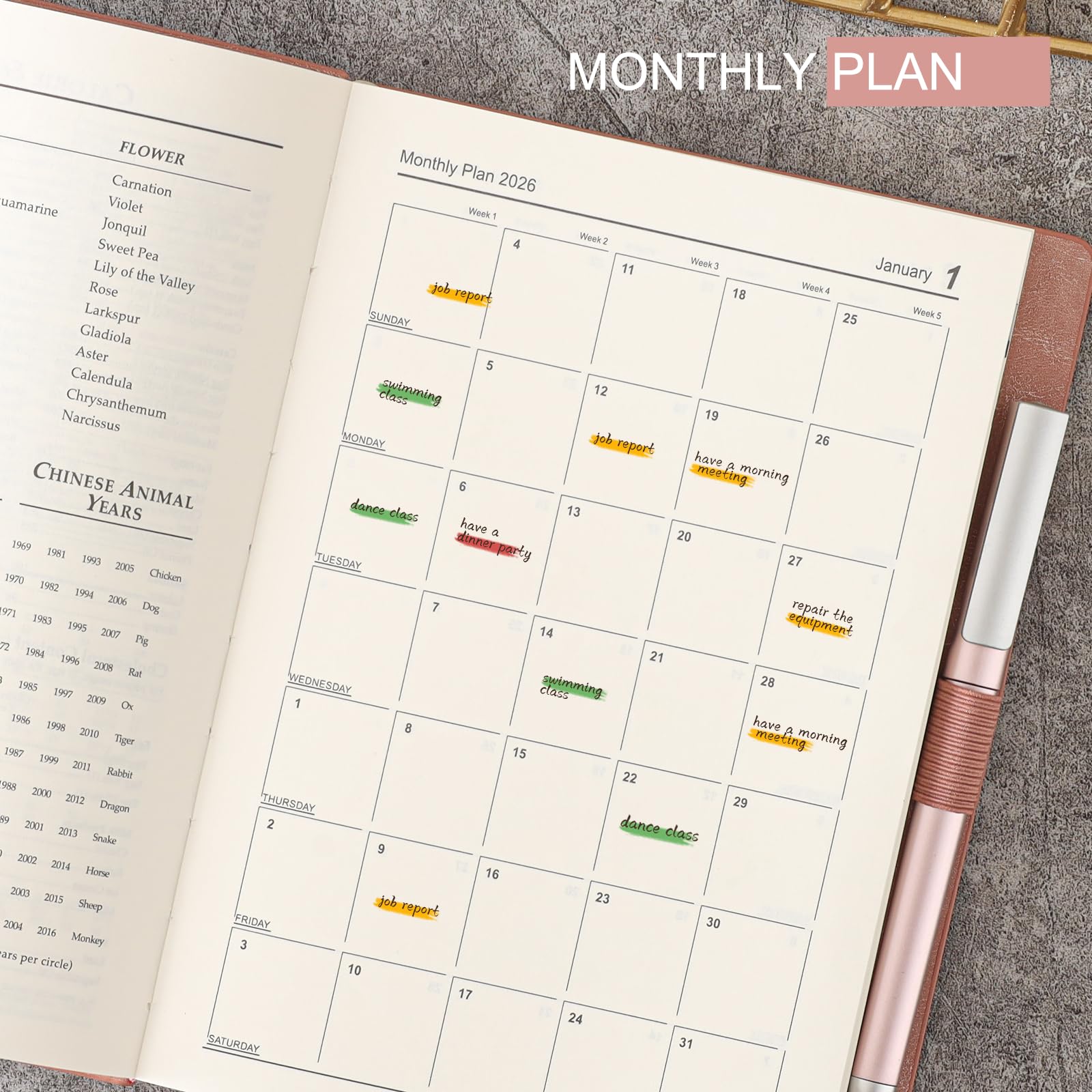 Academic Diary 2026,Diary 2026 Day Per Page, Hardcover Organized from Jan 2026 to Dec 2026, Agenda A5 Daily Monthly Planner with Monthly Tabs, Inner Pocket,Pen,Pen Loop,Stickers (Pink) - Image 4