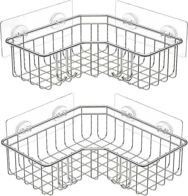 HEETA 2-Pack Corner Shower Caddy, Bathroom Shelves with Hooks, SUS304 Rustproof Stainless Steel Storage Organiser for Toilet Kitchen Dorm, Adhesive Sticker Included, 90 degree right angle (Silver)
