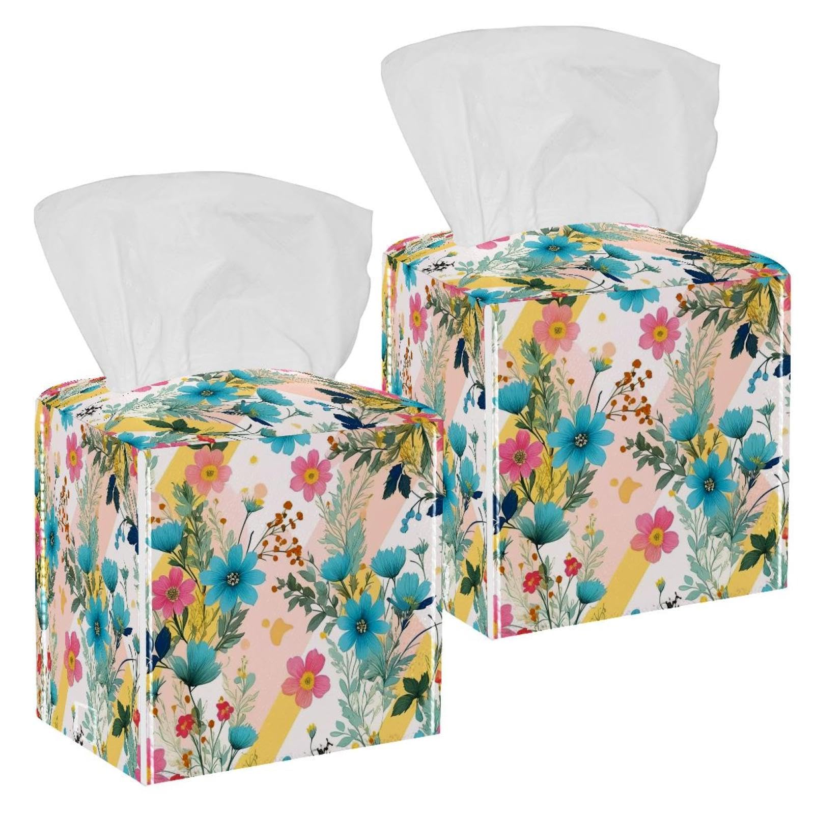 Aesthetic Flower Tissue Box Cover, 2 Pack PU Leather Square Facial Tissue Dispenser Box holder for Home Office Car