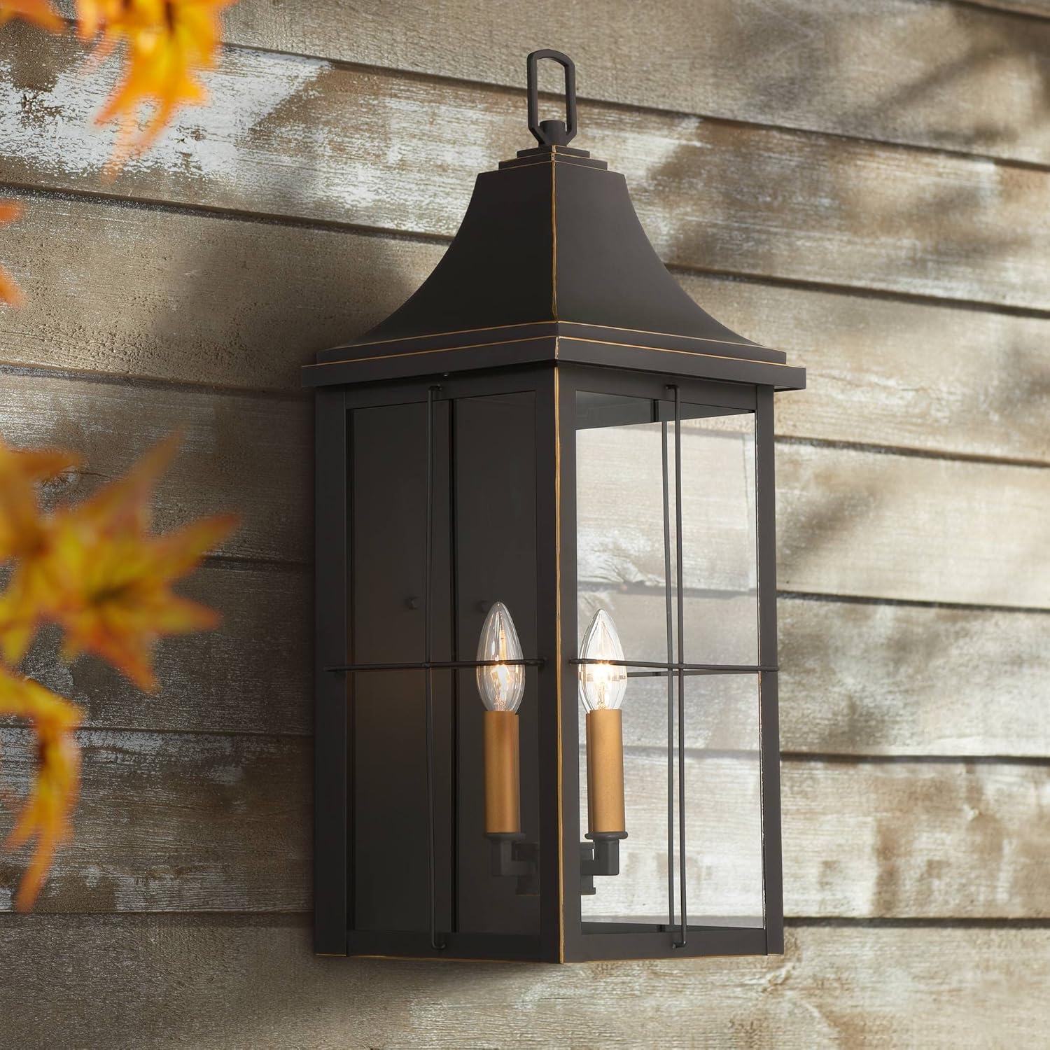 John Timberland Sunderland Rustic Industrial Outdoor Wall Light Fixture Black Warm Gold 4-Light 24 3/4" Clear Glass for Exterior House Porch Patio Outside Deck Garage Yard Front Door Home