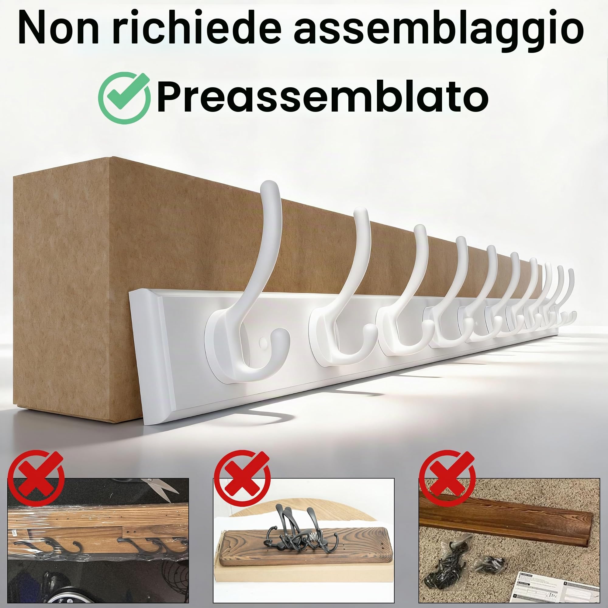 WEBI Appendiabiti da Parete,97cm Lungo Attaccapanni da Muro con 10 Ganci,Appendiabiti da Muro Legno,Appendino da Muro per Cappotto,Giacche,Bianco
