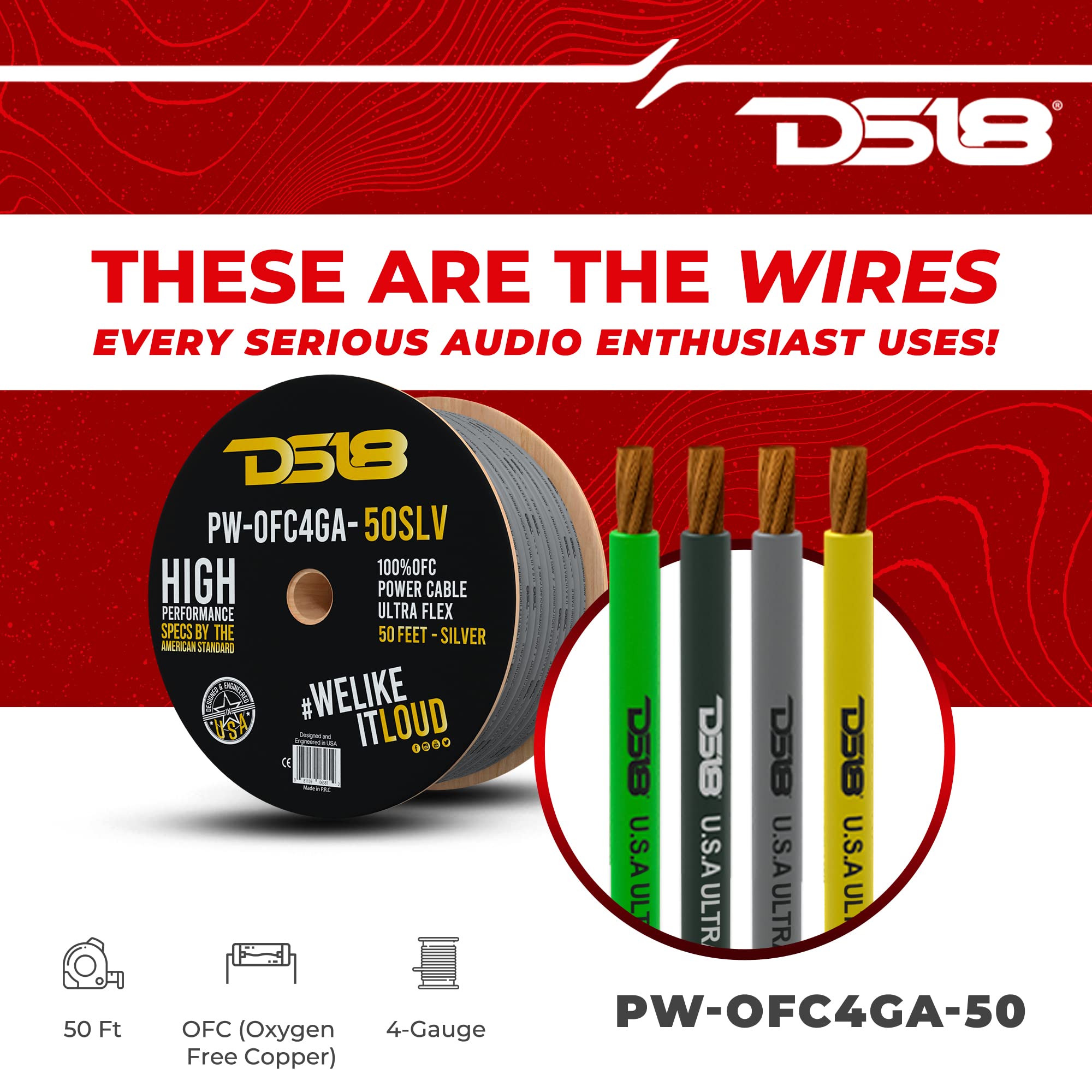 DS18 PW-OFC4GA-50CMGR 4-GA Ground Power Cable 50 Feet Camo Green - Ultra Flex 100% Oxygen Free Copper - Welding Battery Cable Wire, RV Automotive Wiring, Car Amp Audio Home Speaker Stereo