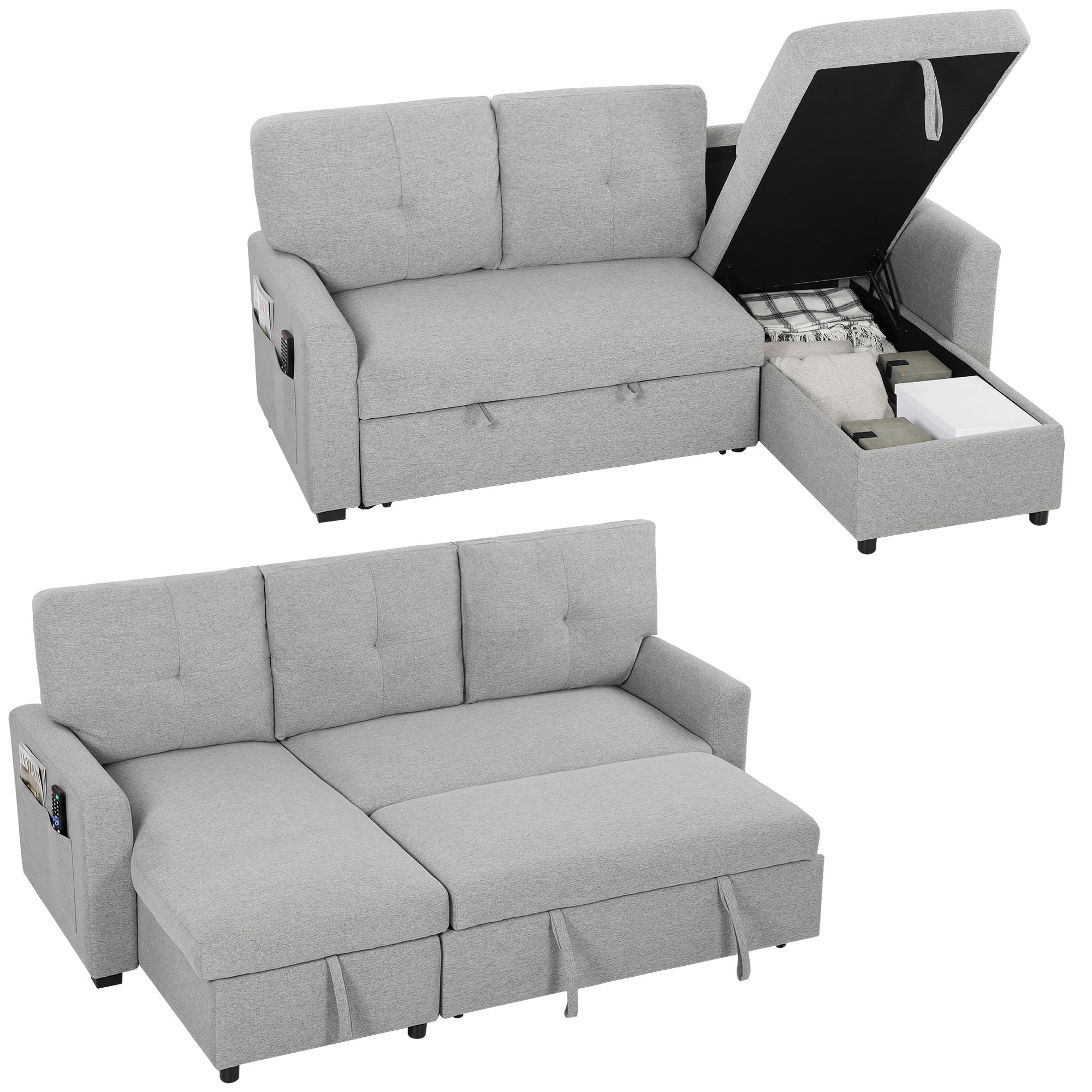 HOMCOM Divano Letto 3 Posti Estraibile con Chaise Longue Convertibile