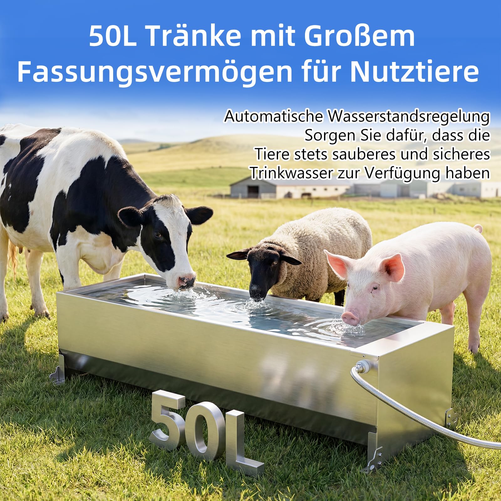 50L Automatische Tränkebecken, Edelstahl Tränkeautomat für Nutztiere & große Hunde, mit Schwimmerventil-Set, großvolumige Außentränke für Pferde, Schweine, Kühe und Ziegen
