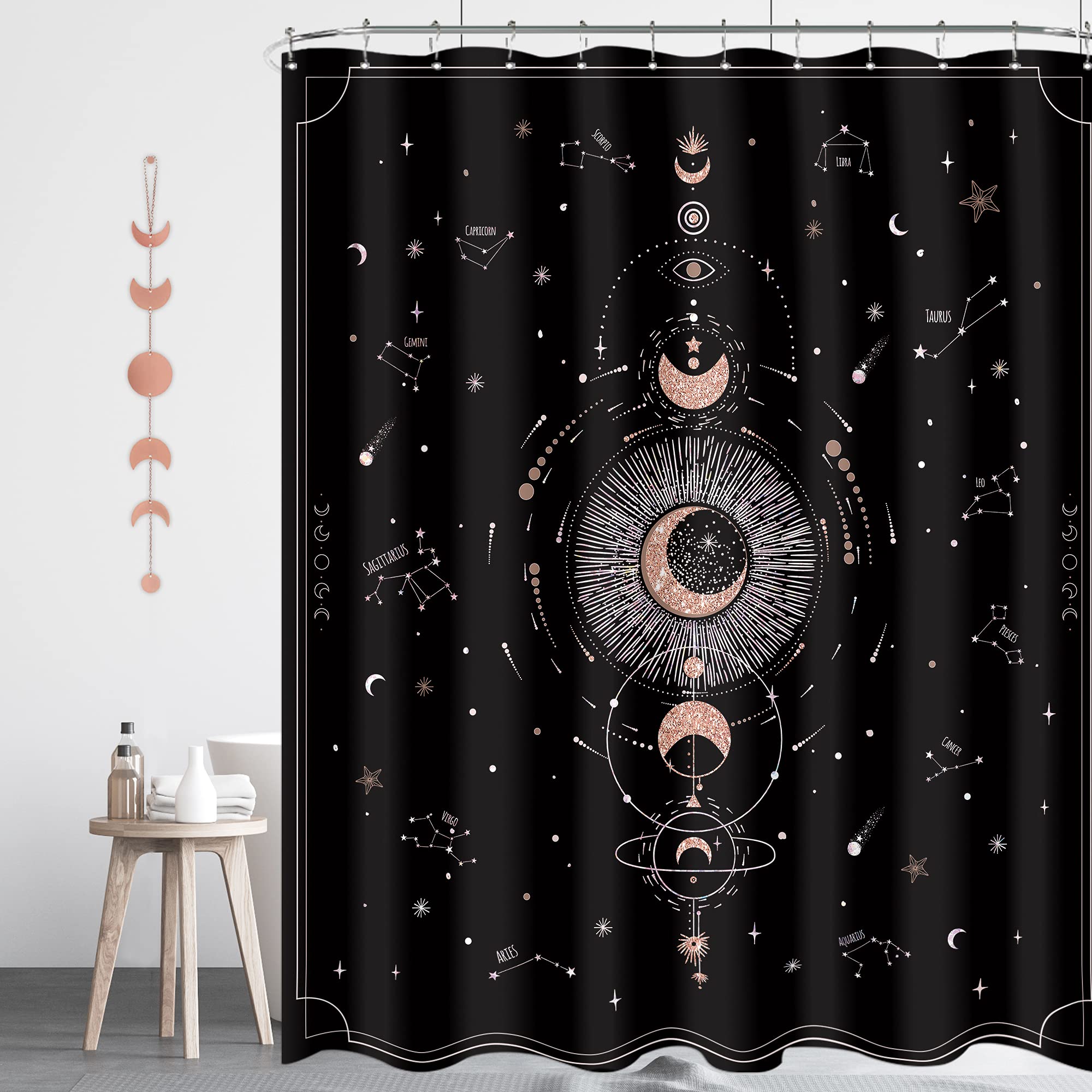 Zodiac Constellation Shower Curtain Astrology 60Wx72L Inch Crescent Moon Phase Galaxy Celestial Gothic Mystic Mysticism Tarot Witch Aesthetic Cool Polyester Fabric Bathroom Bathtub
