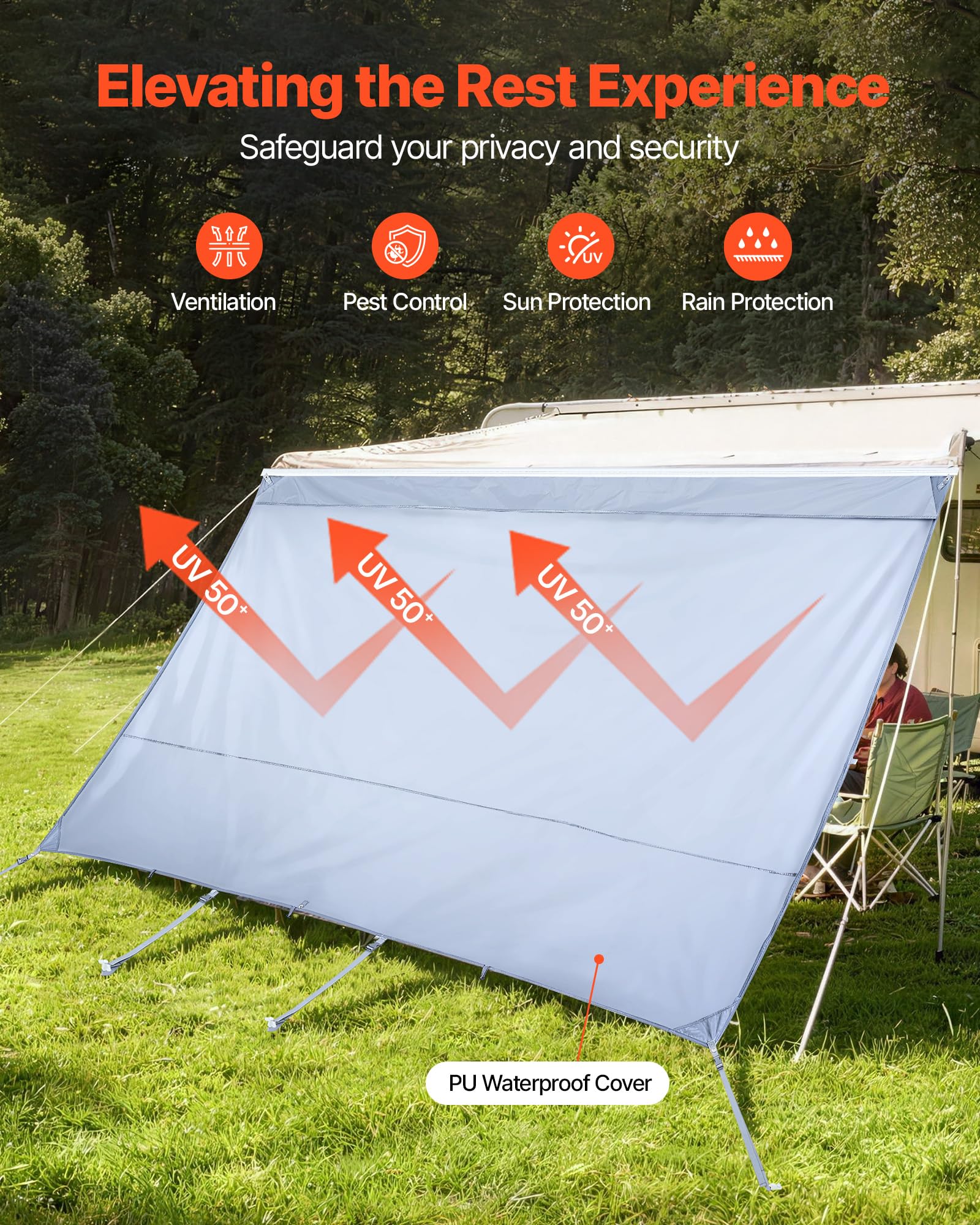 VEVOR Parasole per Camper Roulotte 2 x 3,7 m Pannello Frontale Tenda da Sole Poliestere Anti UV50+