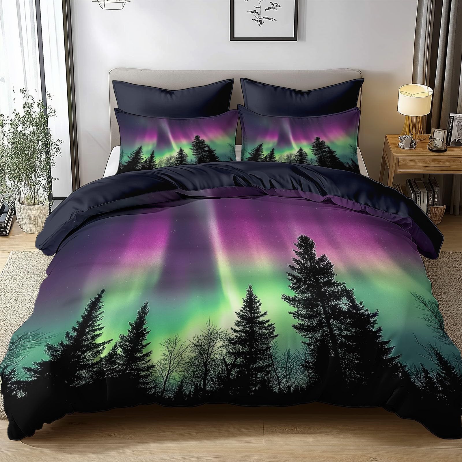 Générique Poszwa na kołdrę 240x260 cm Las Aurora Komplet pościeli z bawełny poliestrowej z miękkim i trwałym zamkiem błyskawicznym, z 2 poszewkami na poduszki 65x65cm
