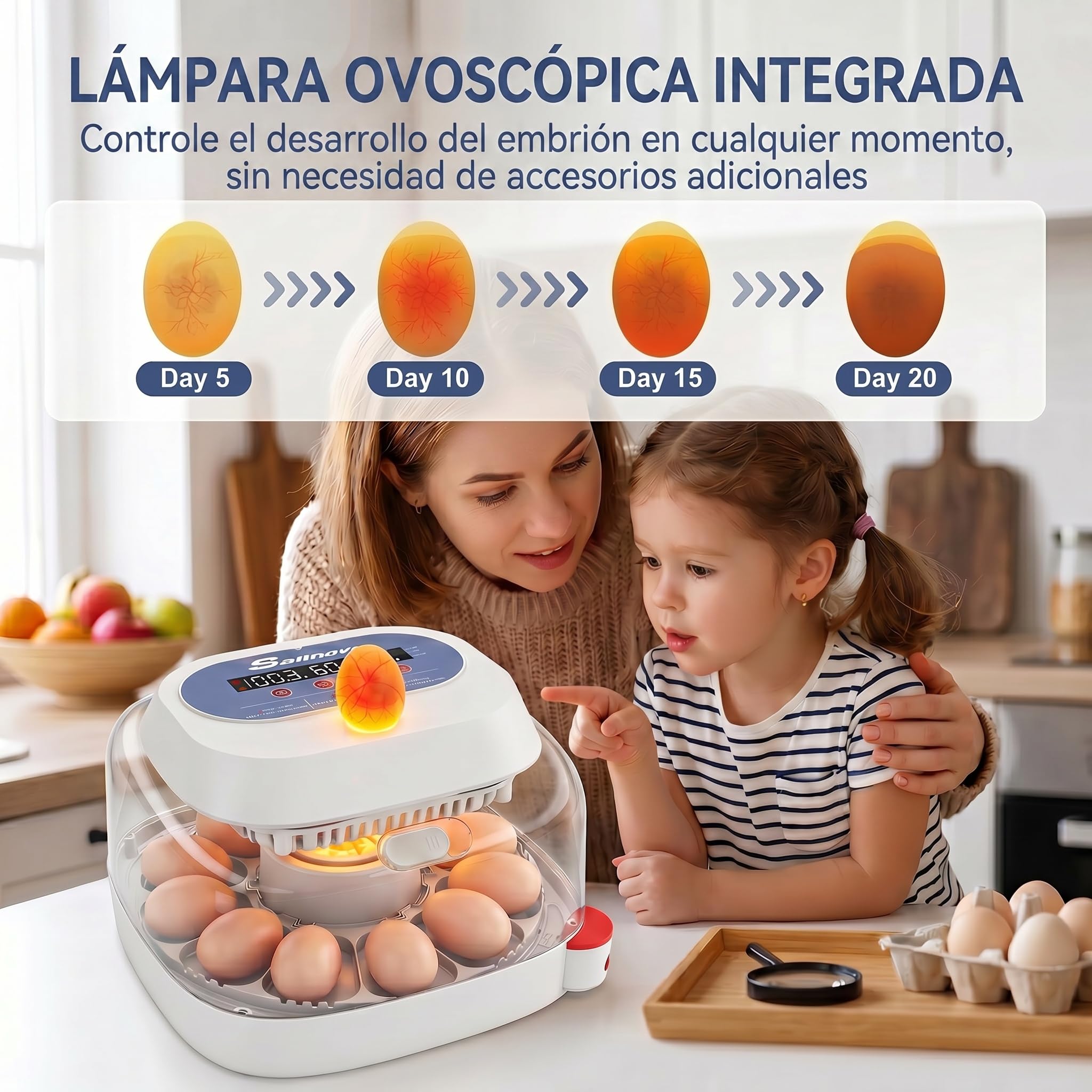 Sailnovo incubadora automática para 12 huevos, 4 modos para aves, con volteo automático, control de temperatura y alarma de humedad, incubadora para huevos de gallina, pato y codorniz (Azul)