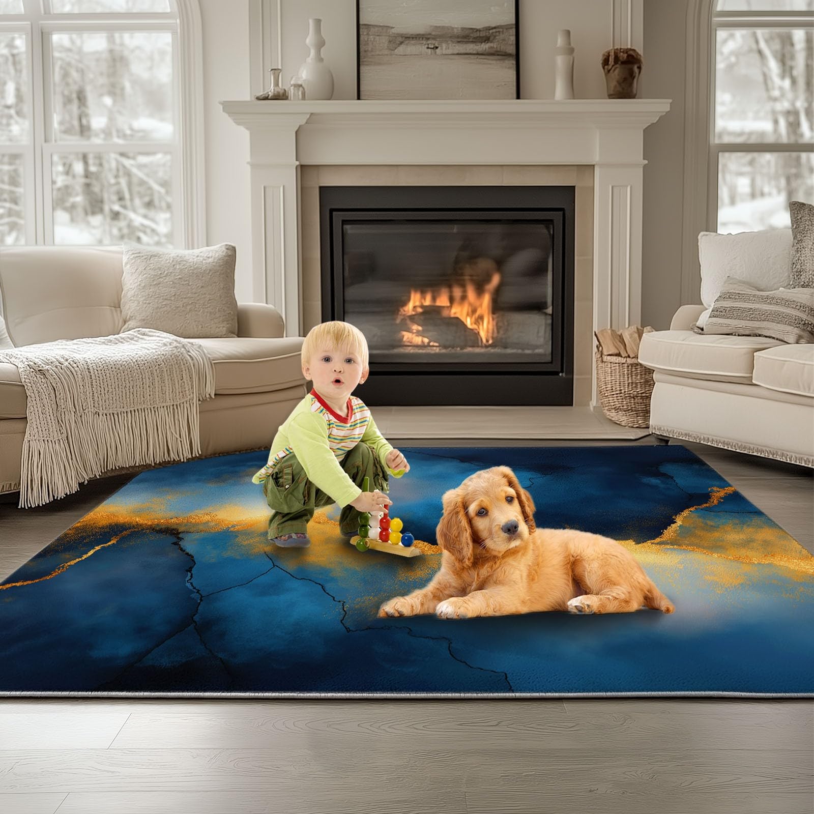 Genérico Dywaniki do salonu marmurowe tło 180 x 240 cm dywanik, ciemnoniebieski miękki krótki włos zmywalny antypoślizgowy dywan - do sypialni jadalni salonu dekoracja domu