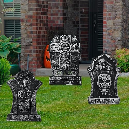 Miniatura 8 de Paquete de 10 lápidas de espuma para decoración de Halloween, lápidas de cementerio con 20 estacas de plástico para decoración de patio de Halloween