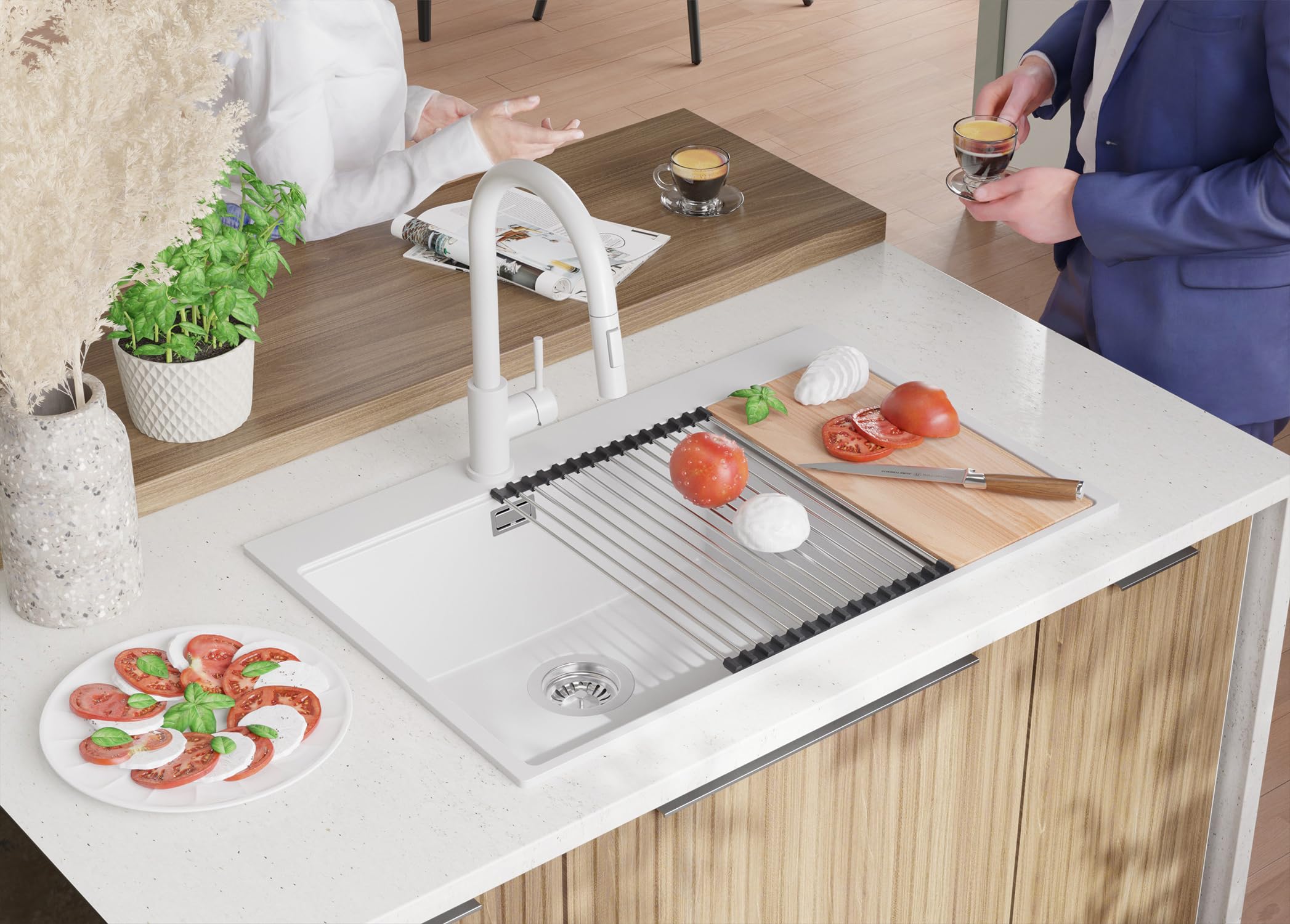 PRIMAGRAN Fregadero Cocina Blanco - Oslo Duo Top, 78x50cm | Granito 2 Senos + Zuberhor-Set, sobre Encimera al Mueble 80cm (S074)