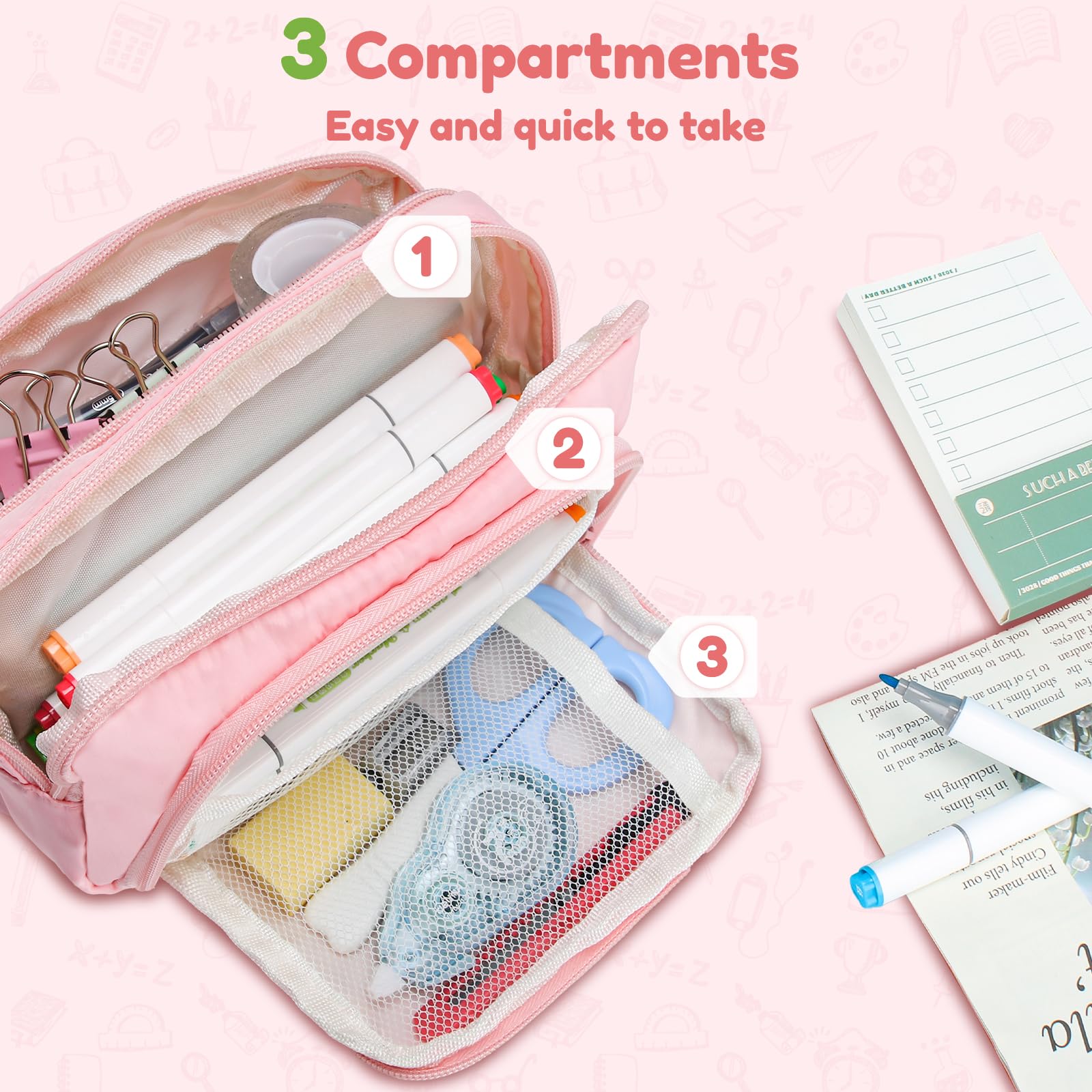 Euqvunn Pencil Case, Large Capacity Pen Case with 3 Compartments, Stationery Pouch for School & Office Supplies, Pink - Image 2