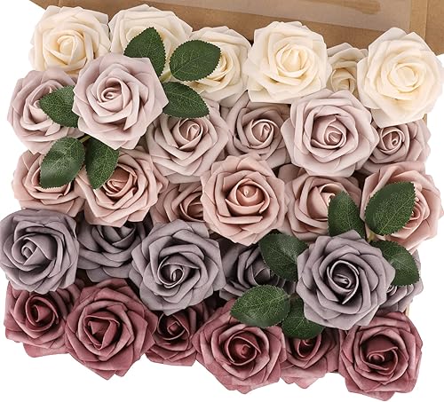 Miniatura 15 de MACTING Flores Artificiales Rosas 30PCS Tacto Real Flores Falsas con Tallo Rosa de Espuma Arcoíris para Bricolaje Ramos de Novia de Boda Centros