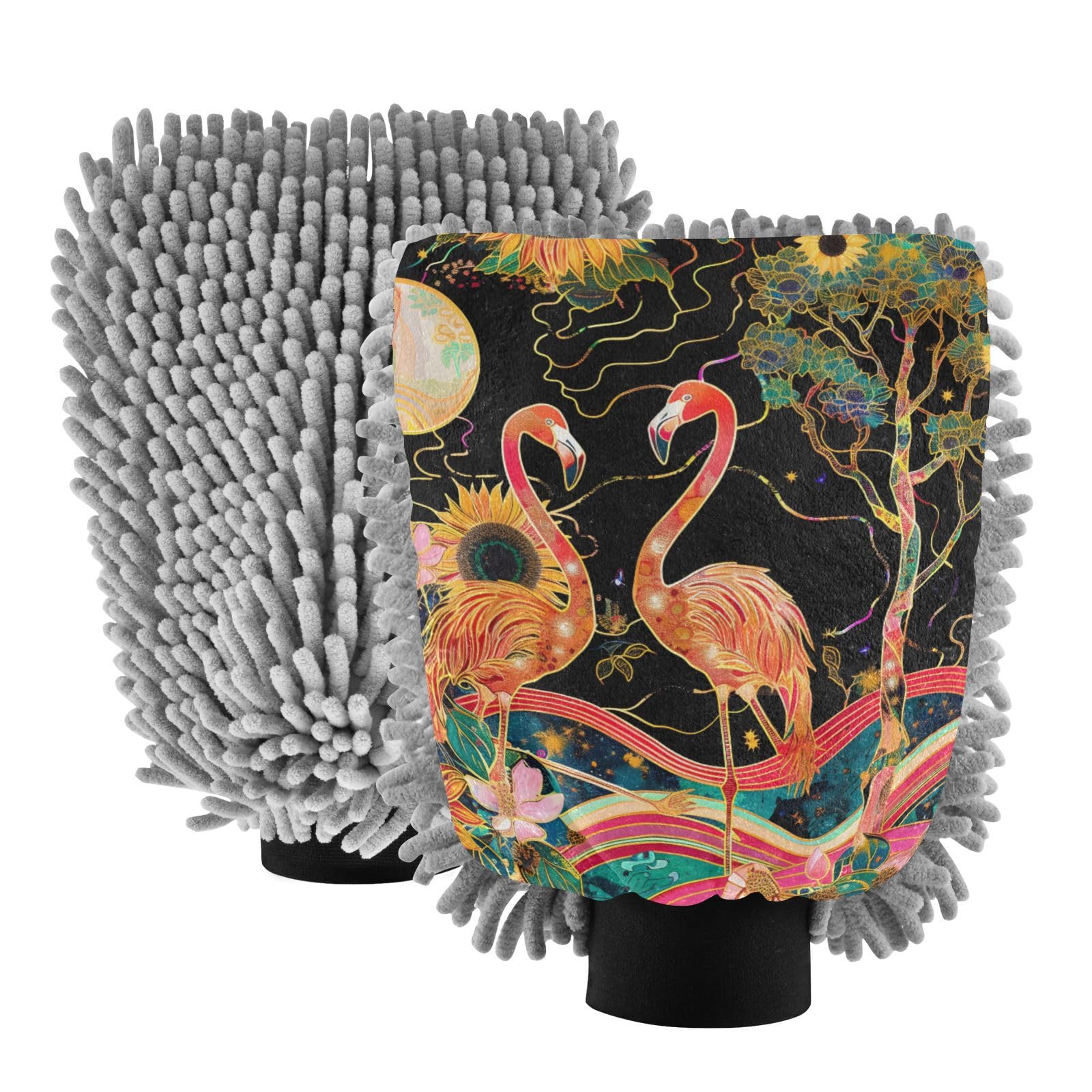 IOACIY Absorbent Microfiber Car Wash Drying Mitts, 2 Pack, Scratch-Free & Lint-Free, Rich Foam, Highly Absorbent, Double Sided, Wash Mitt Perfect for Car Washing, M, Flamingo (3)