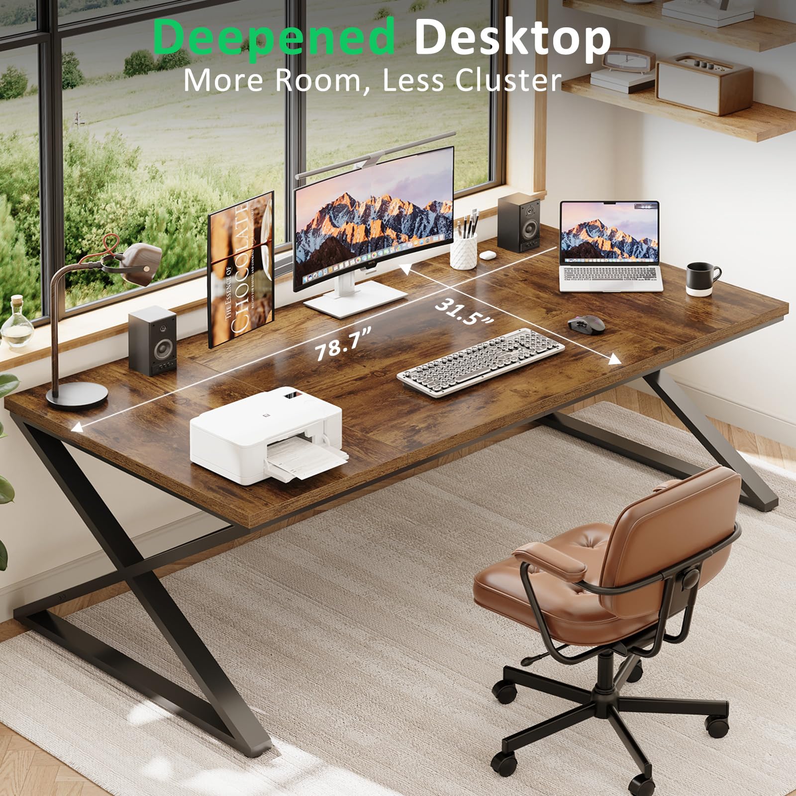 IBF 200 cm Schreibtisch Groß X Bein PC Tisch Computer Desk Rustikal Eiche | PC Gaming Büro Homeoffice Arbeitszimmer Schreibtisch Computertisch Bürotisch groß aus Holz Eiche