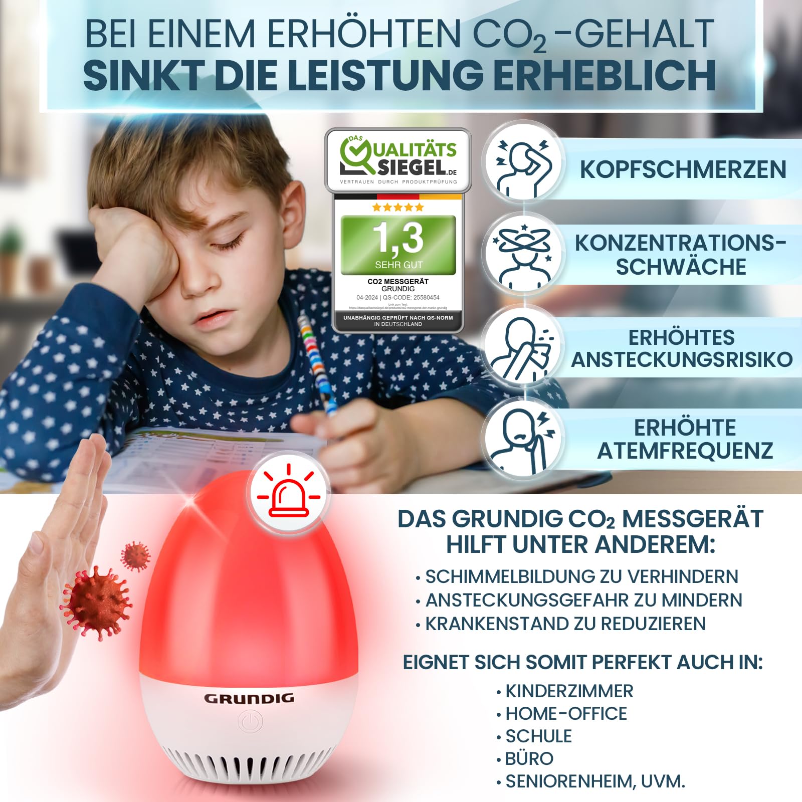 GRUNDIG CO2 Messgerät Ampel Kalibrierungsautomatik Akku Betrieb Signal für Stoßlüften mobiles Luftqualität Messgerät