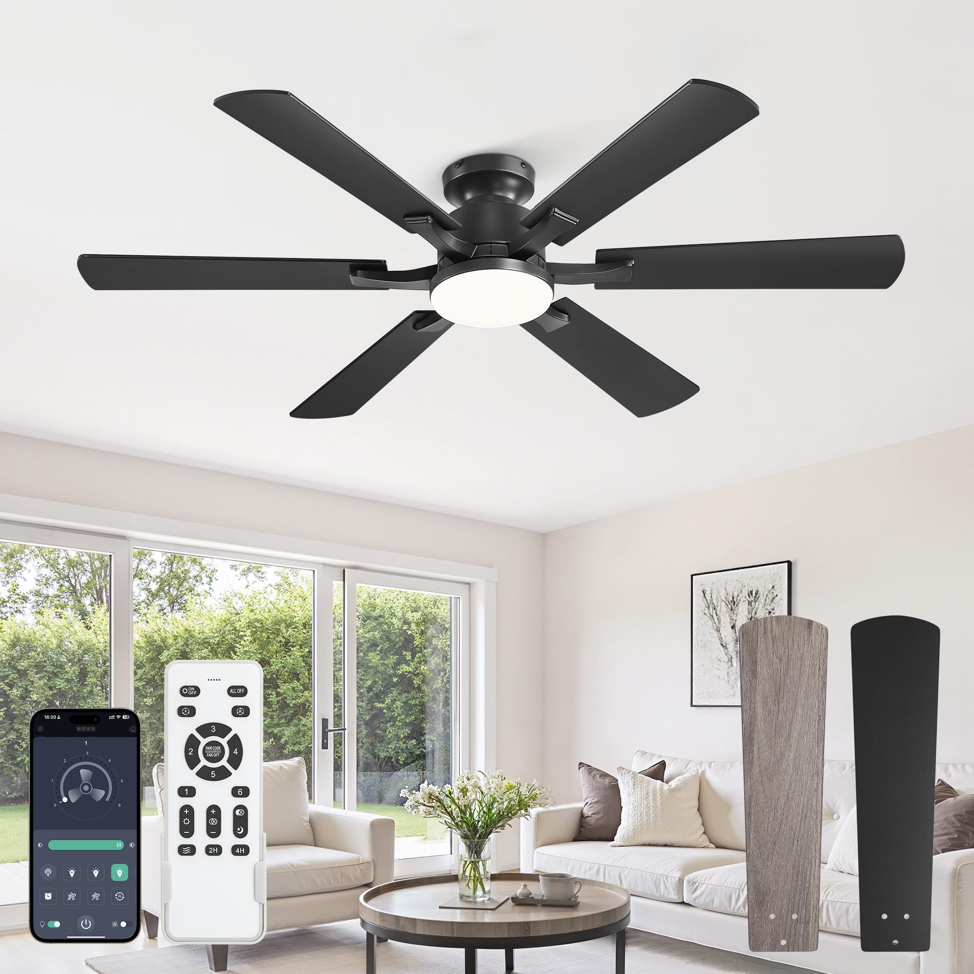 harbor breeze 52 Inch. large room  Ceiling Fan Black Ceiling Fan, 3000-6000K Dimmable LED, Quiet Reversible Motor, 6 Blades, 6 Speeds, for Bedroom Living Room