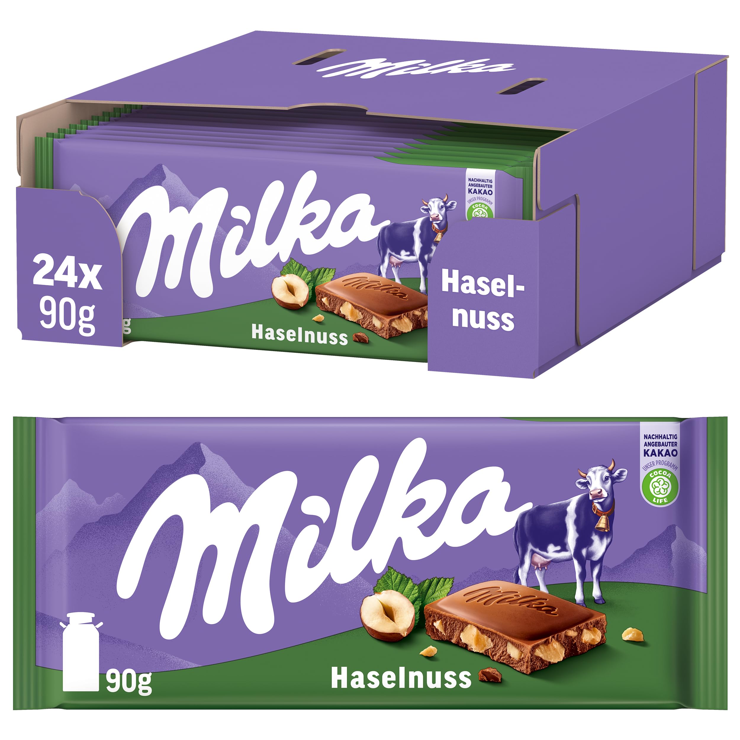 Milka Alpenmilch-Schokoladentafel mit Haselnussstückchen – Tafelschokolade mit knackigen Nussstücken – 24 x 90 g