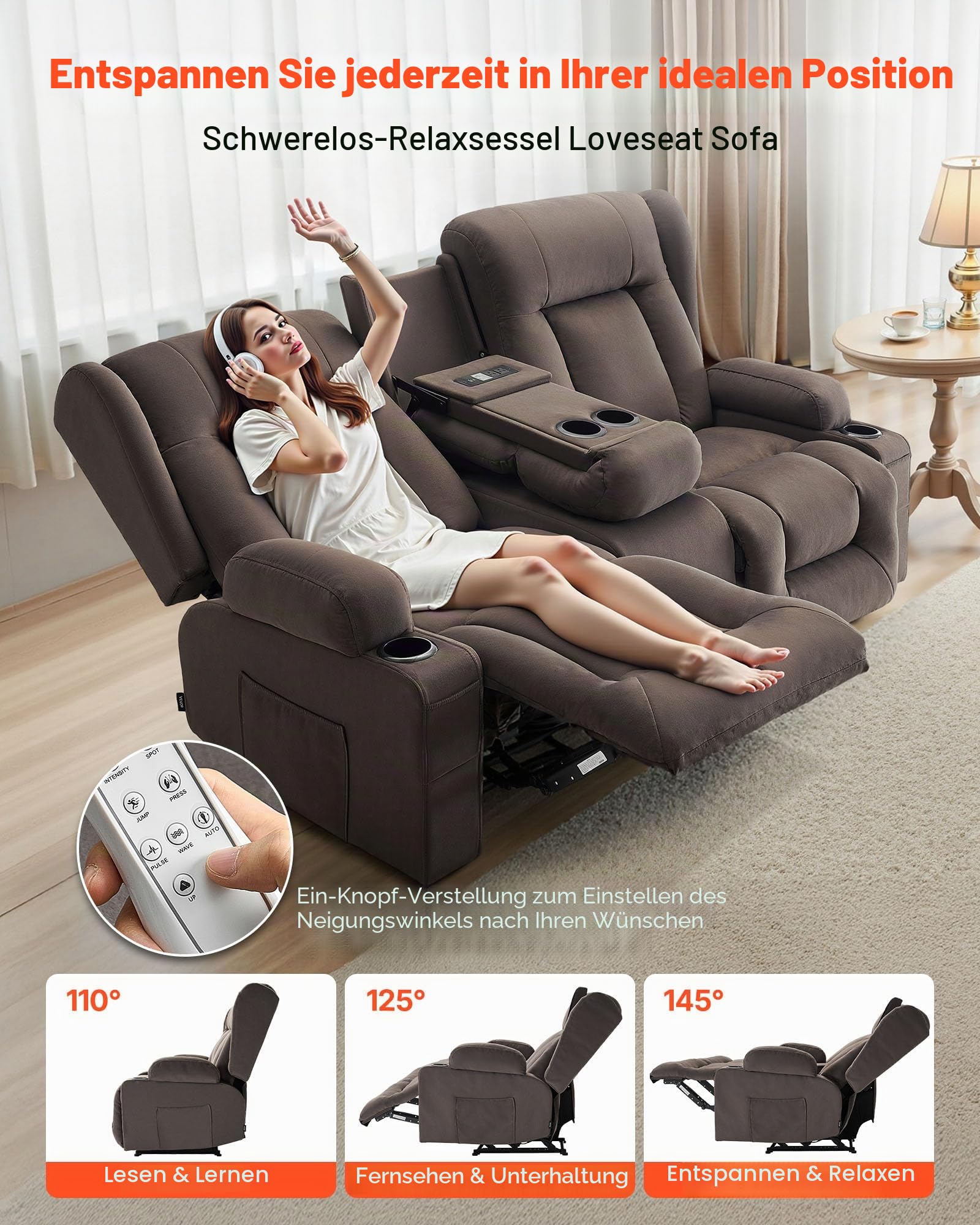 VEVOR Loveseat Relaxsessel elektrische Liegecouch mit Wärmefunktion & Massage, Massagesessel mit zentraler Steuerung & USB-Anschlüssen & Getränkehaltern & Seitentaschen, Sofa für Wohnzimmer Braun