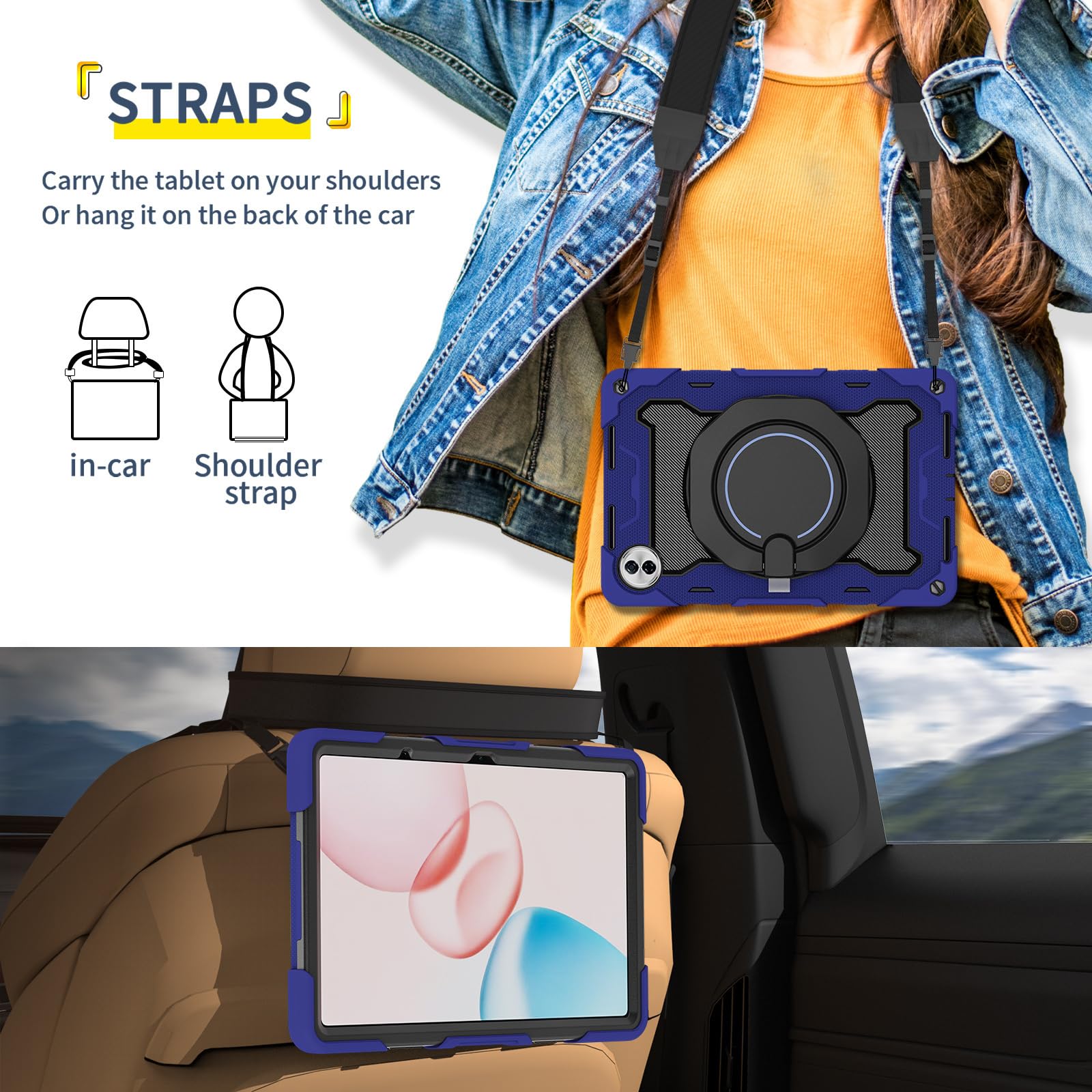 Obrotowe 360 stopni 3 w 1 odporne na wstrząsy etui do Honor Pad 10/Honor Tablet 10 HEY3-W00 12,1 cala z paskiem na ramię i uchwytem, granatowe