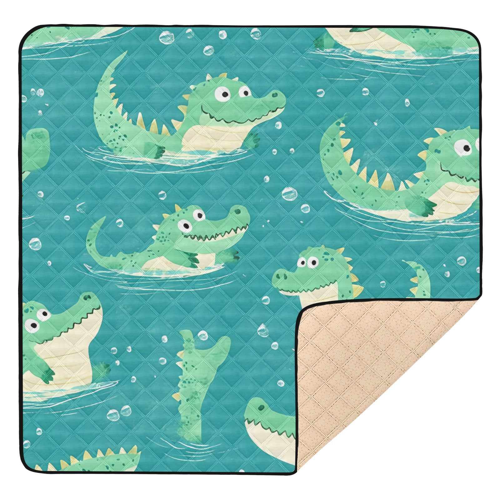 BOESI Doodle Cute Crocodile Pattern Baby Play Mat, Washable Folding Crawling Mat, Baby Floor Mat, Soft, Thick, Non-Slip