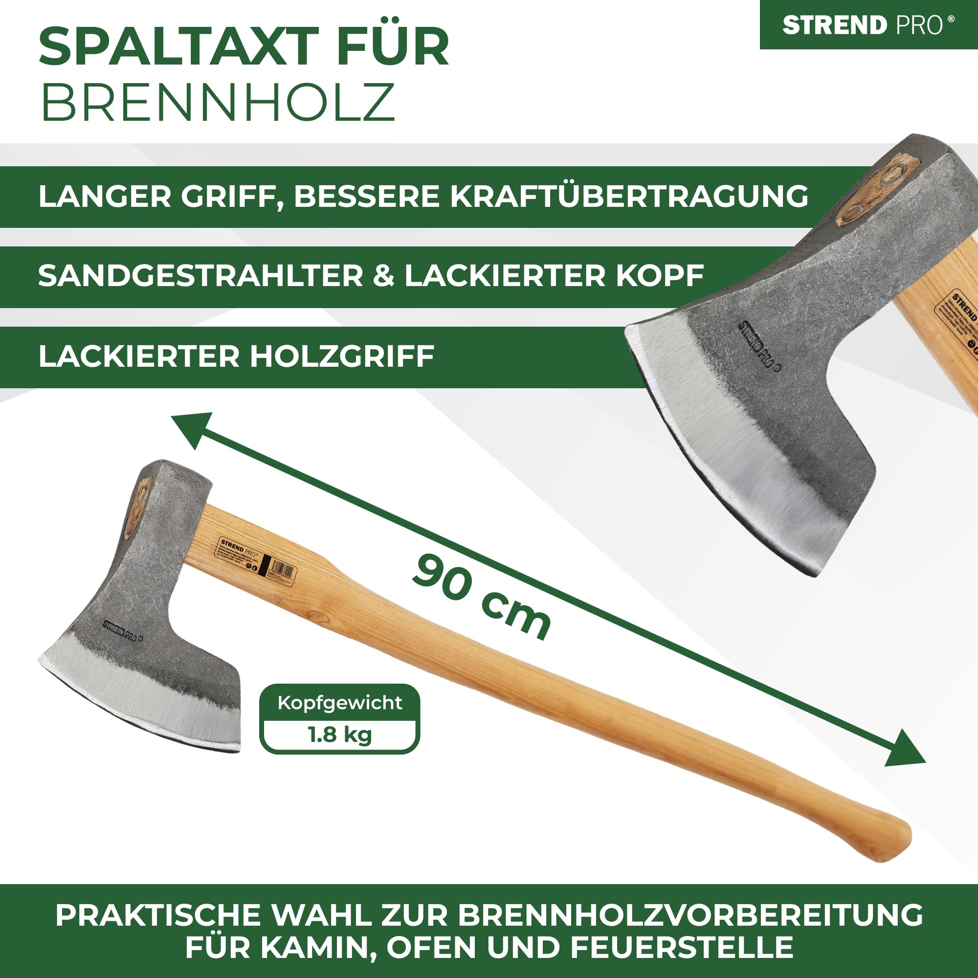 STREND PRO Spaltaxt A633 Sandblaster 1800 g | Eschenholzstiel 900 mm | gehärtete Schneide | Spaltaxt für Holz Spaltbeil Brennholz spalten Holzspalten Forstaxt Holzhacken Holzarbeiten