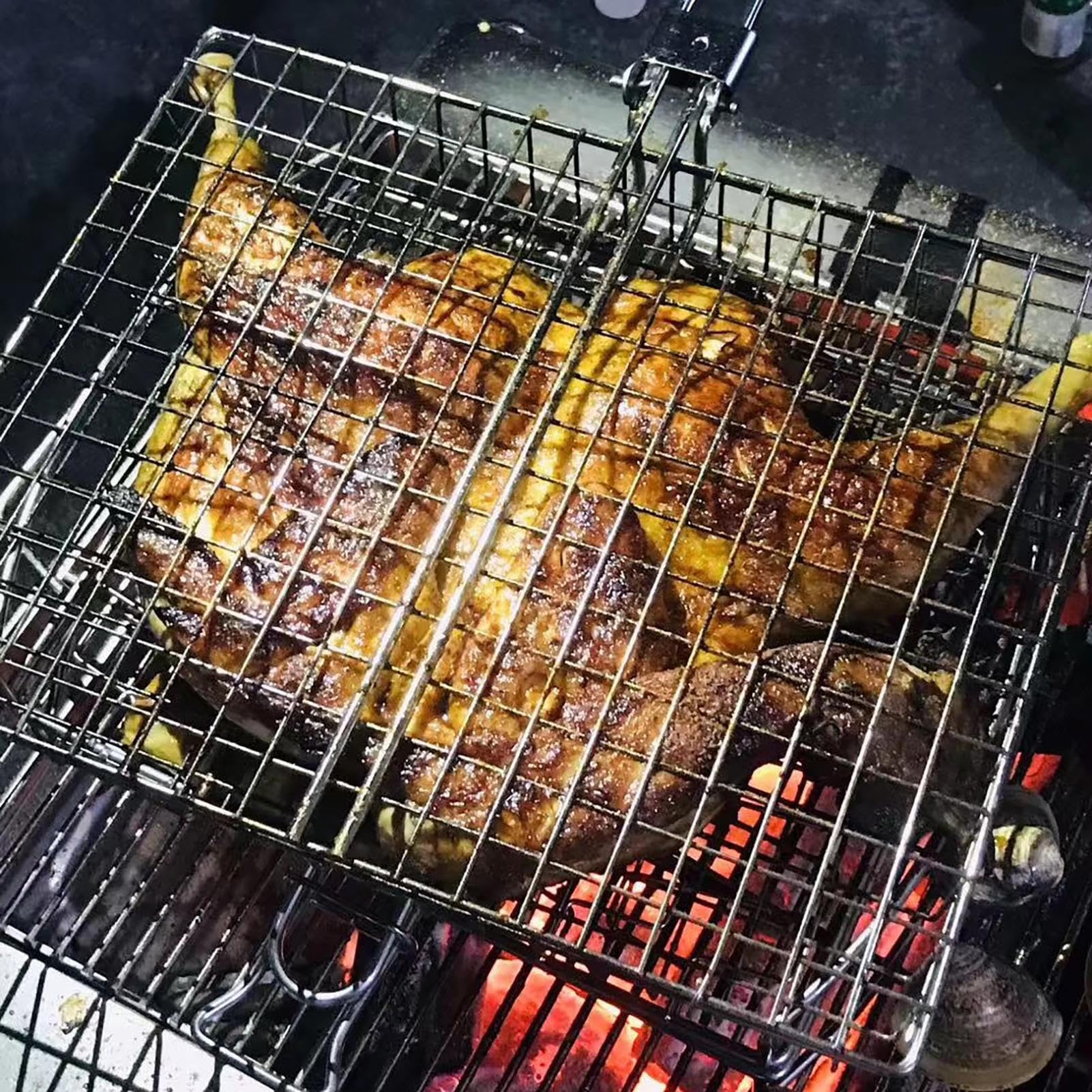 Griglia in acciaio inox – Griglia portatile per barbecue per cucinare all'aperto, grande cestino pieghevole per bistecche, verdure e feste barbecue | e facile da pulire