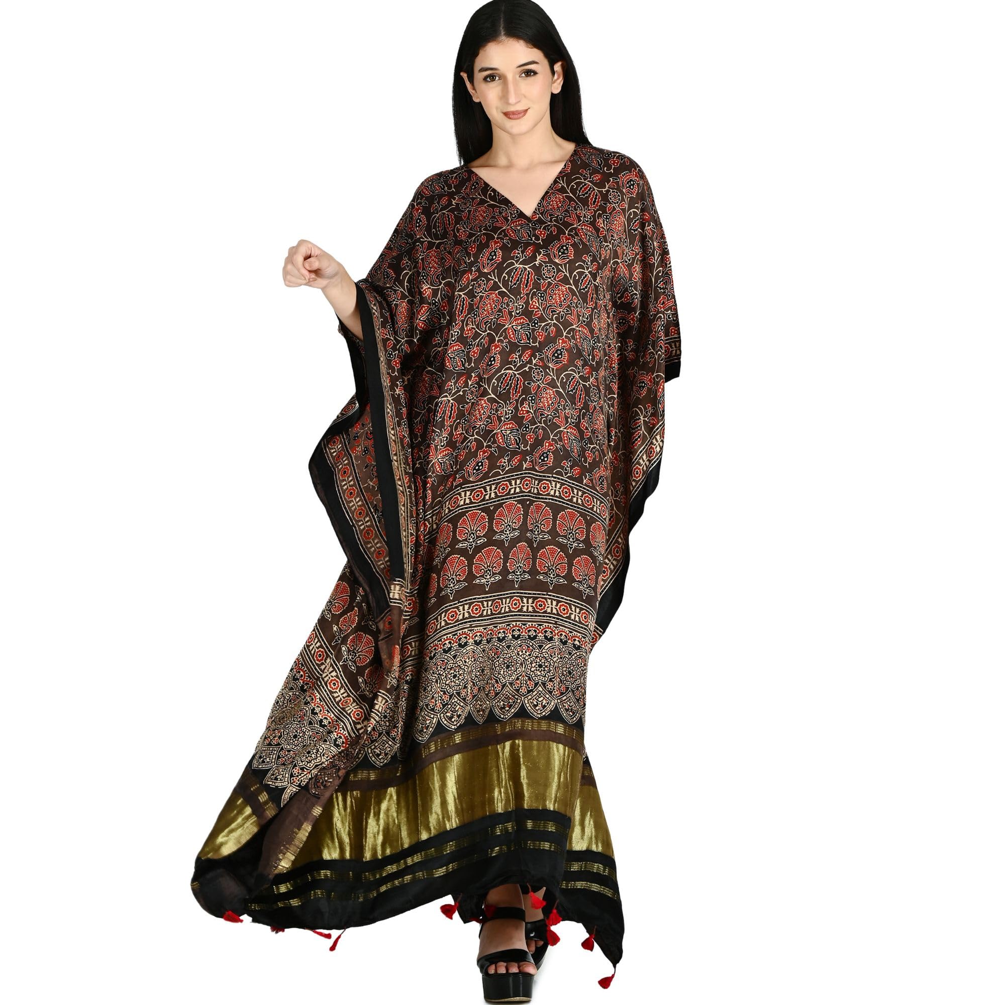 eksutra Women's Ajrakh Kaftan | Silk Fabric | Printed | Everyday Use, Black-picture-43