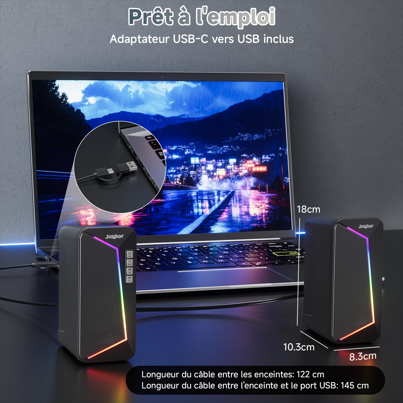 SOULION R40 Enceintes PC, Haut-parleurs alimentées par USB-C/USB avec contrôle du volume, éclairage LED, enceintes d'ordinateur avec mode USB/Bluetooth pour smartphones, ordinateurs portables, 1 paire