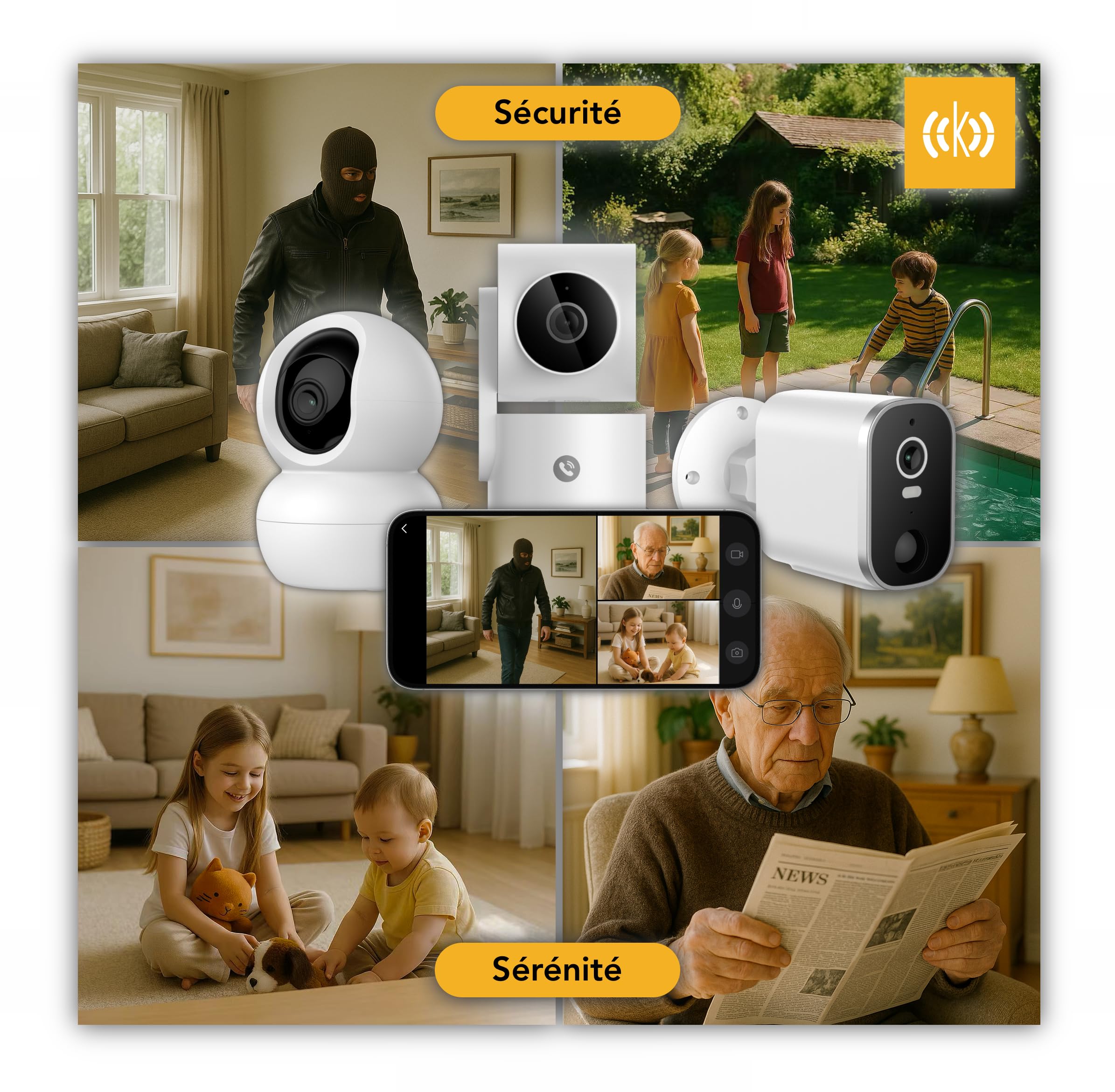 Pack caméras, 1 Caméra extérieure sur Batterie + 1 Caméra Wi-FI intérieure Wi-FI PTZ +1 Caméra intérieure avec Bouton d’Appel vidéo
