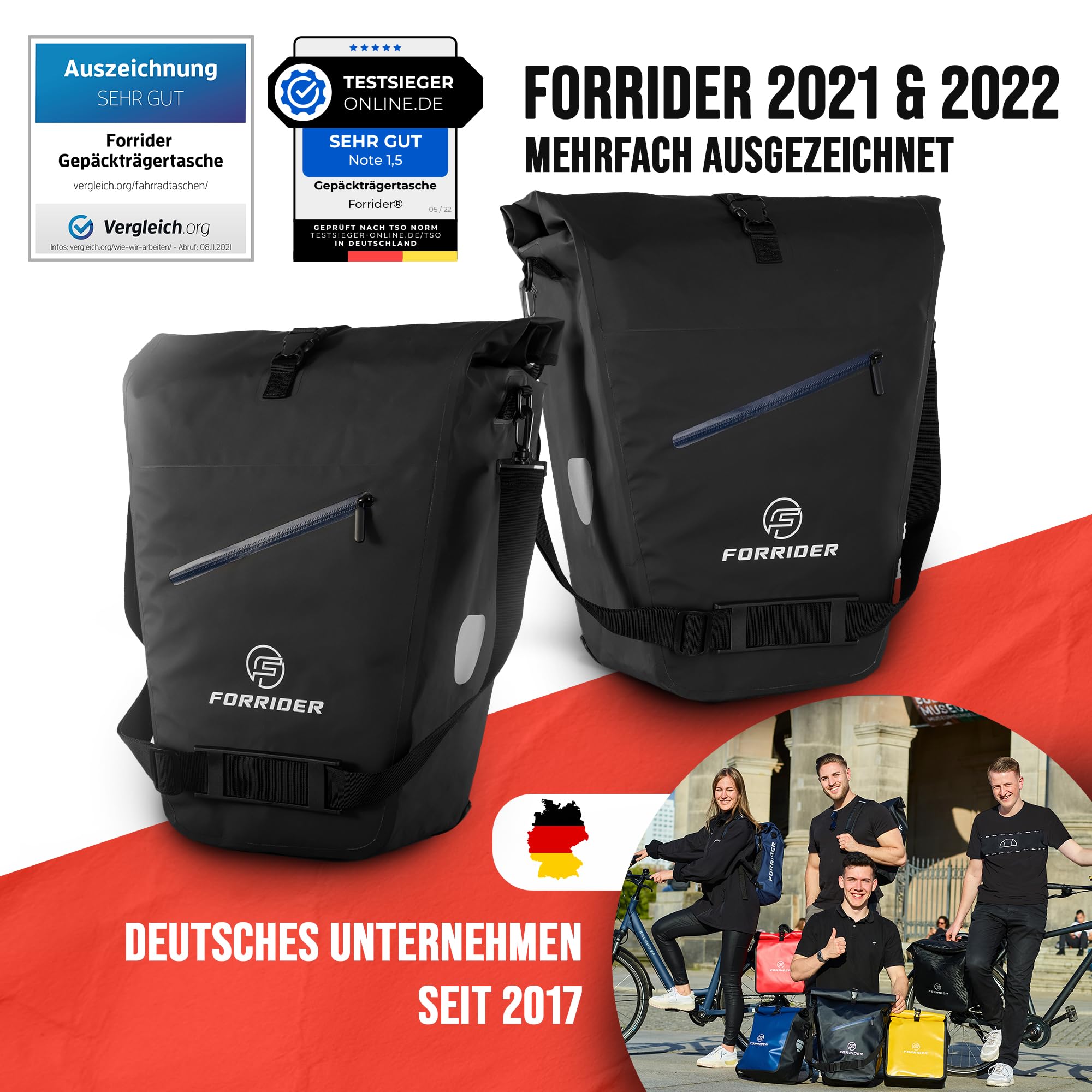 Forrider Gepäckträgertasche 30L, wasserdichte Fahrradtasche mit Magnet-Lock | Magnet-Lock-System zur Fixierung des Tragegurts · Aussenfach · reflektierend · abschließbare QuickSafe-Halterung bis 18mm