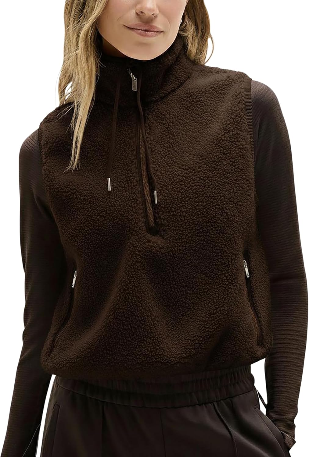 Xaspee Womens Fleece Sherpa Vest Half Zip Pullover Drawstring Sleeveless Cropped Casual Warm Fuzzy Vests with Pockets