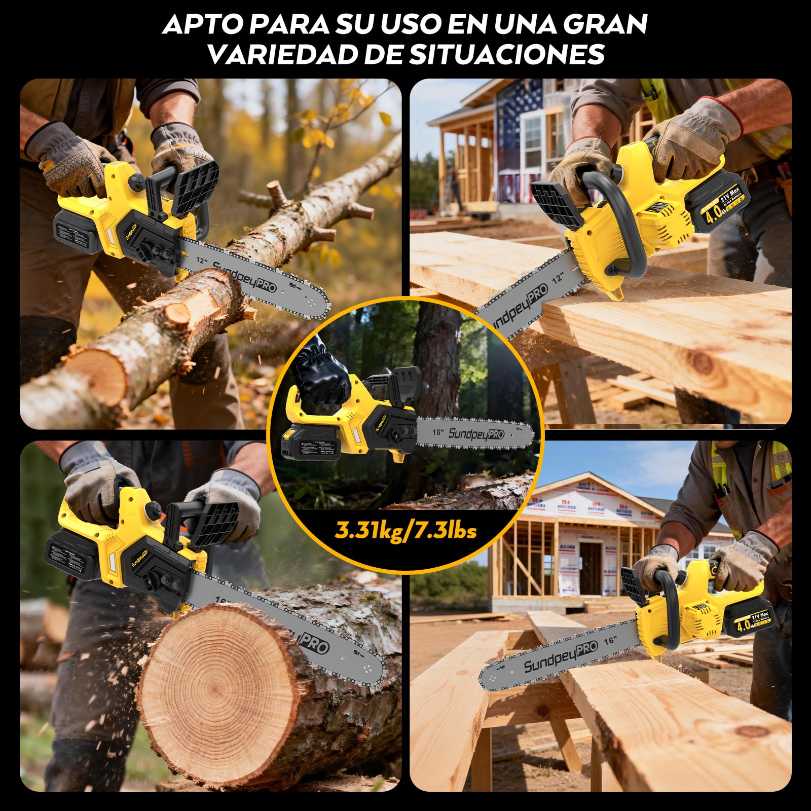 21V 12+16 Pulgadas Motosierra Inalámbrica a Batería | Motor Sin Escobillas y 2 x 4.0Ah Baterías, Lubricación Automática, Tensado Sin Herramientas, para Podar Árboles Jardin Leña