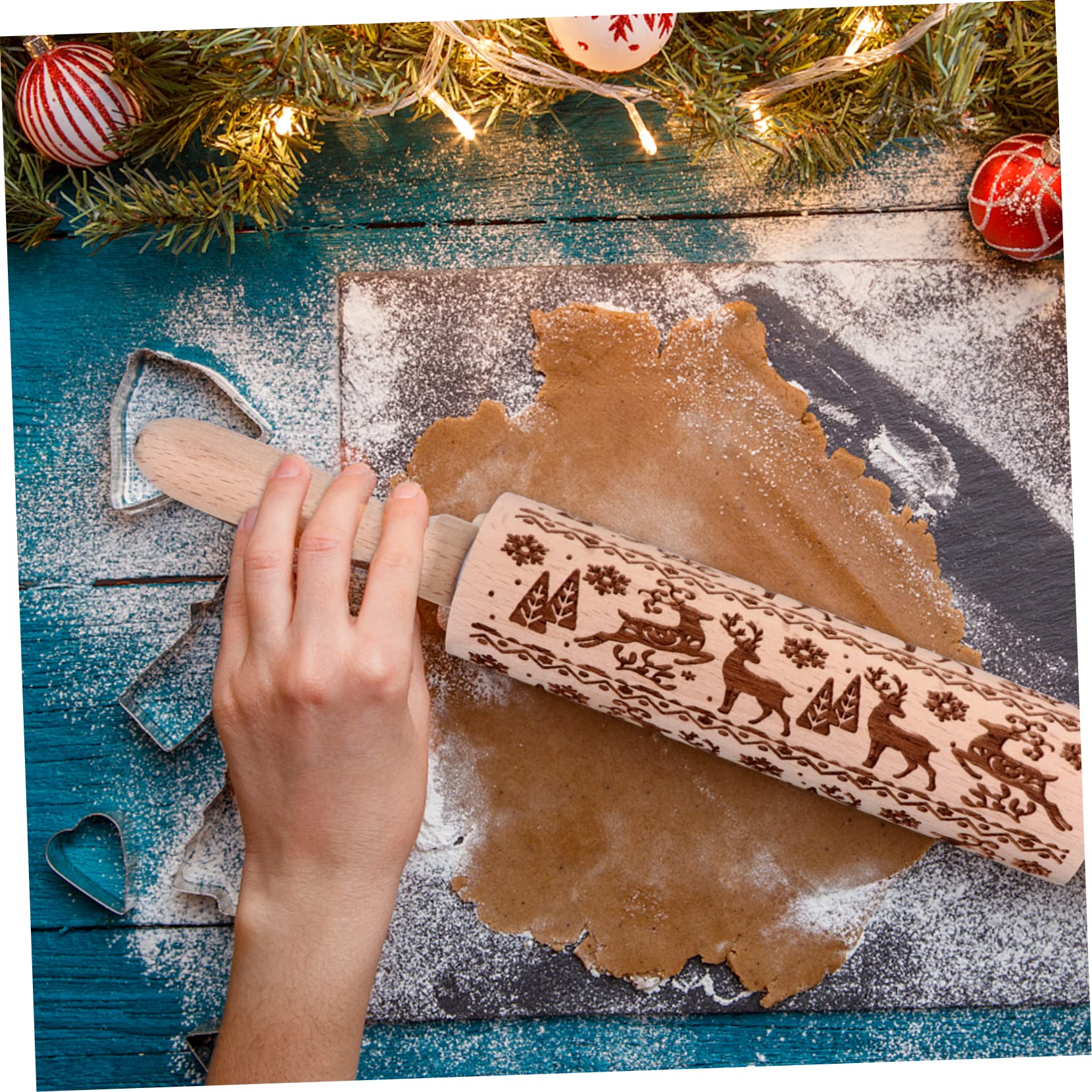 Mikinona Rouleau À Pâtisserie en Bois Rouleau À Pâtisserie Décoré De Noël pour La Pâtisserie Maison