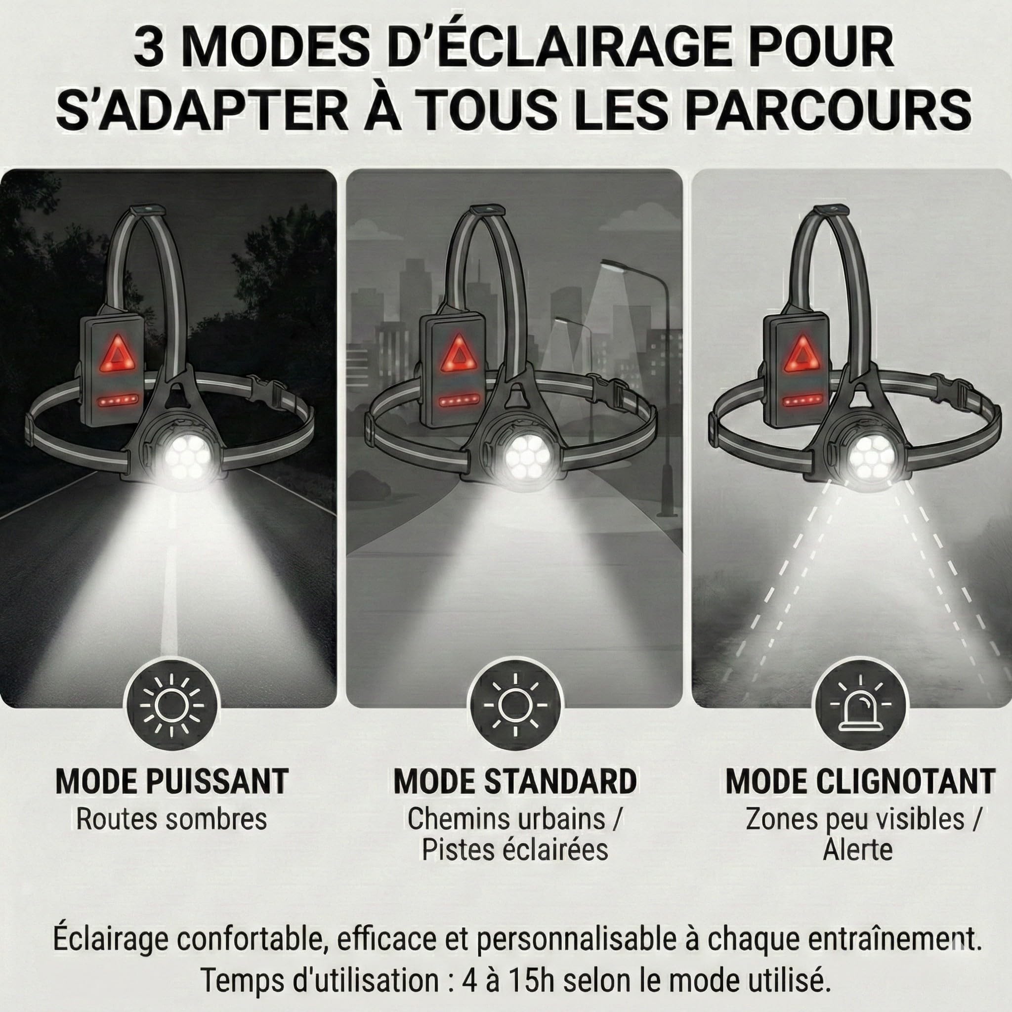 Lampe Pectorale Running Rechargeable USB-C – Lampe Course à Pied avec 7 LED Blanches Avant & 8 LED Rouges Arrière, 3 Modes d’Éclairage, IPX4 Étanche, Autonomie Longue Durée – Homme & Femme