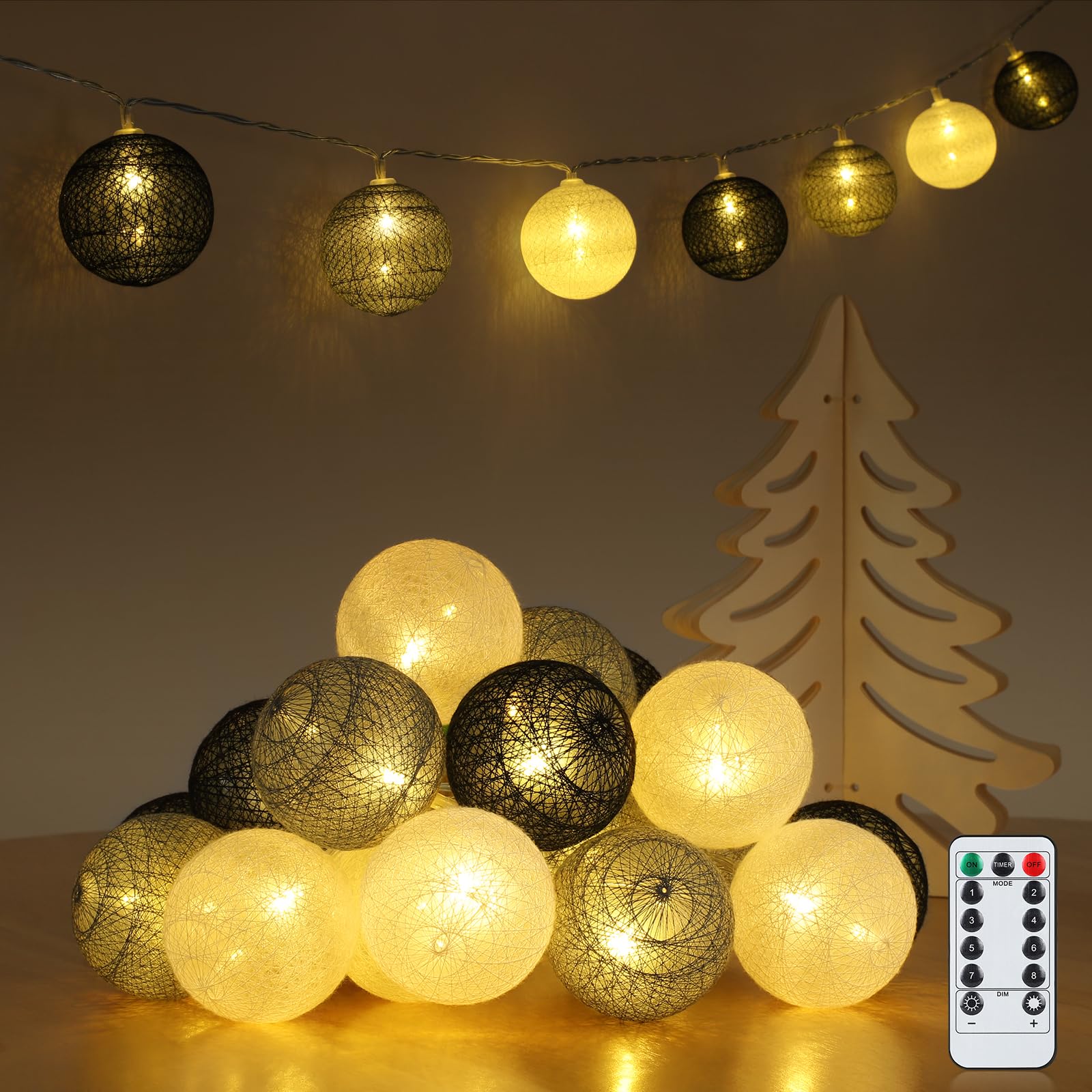 Ewikin Lichterkette Baumwollkugeln, 20 LED Kugeln USB & Batteriebetrieben, Lichterkette Kinderzimmer mit Fernbedienung, Cotton Ball Lichterkette Innen für Zimmer Deko, Hochzeit, Party