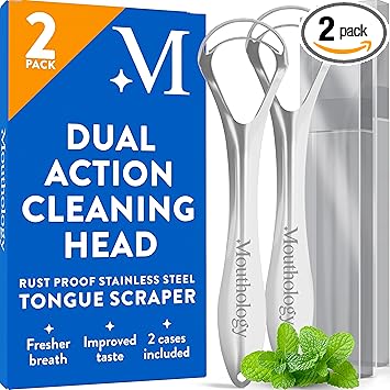 Mouthology Tongue Scraper for Adults (2 Pack), Reduce Bad Breath, Metal Tongue Scraper, Tongue Cleaner, Tongue Scraper, Stainless Steel Tongue Scraper, Tongue Cleaner for Adults, Tongue Scrubber