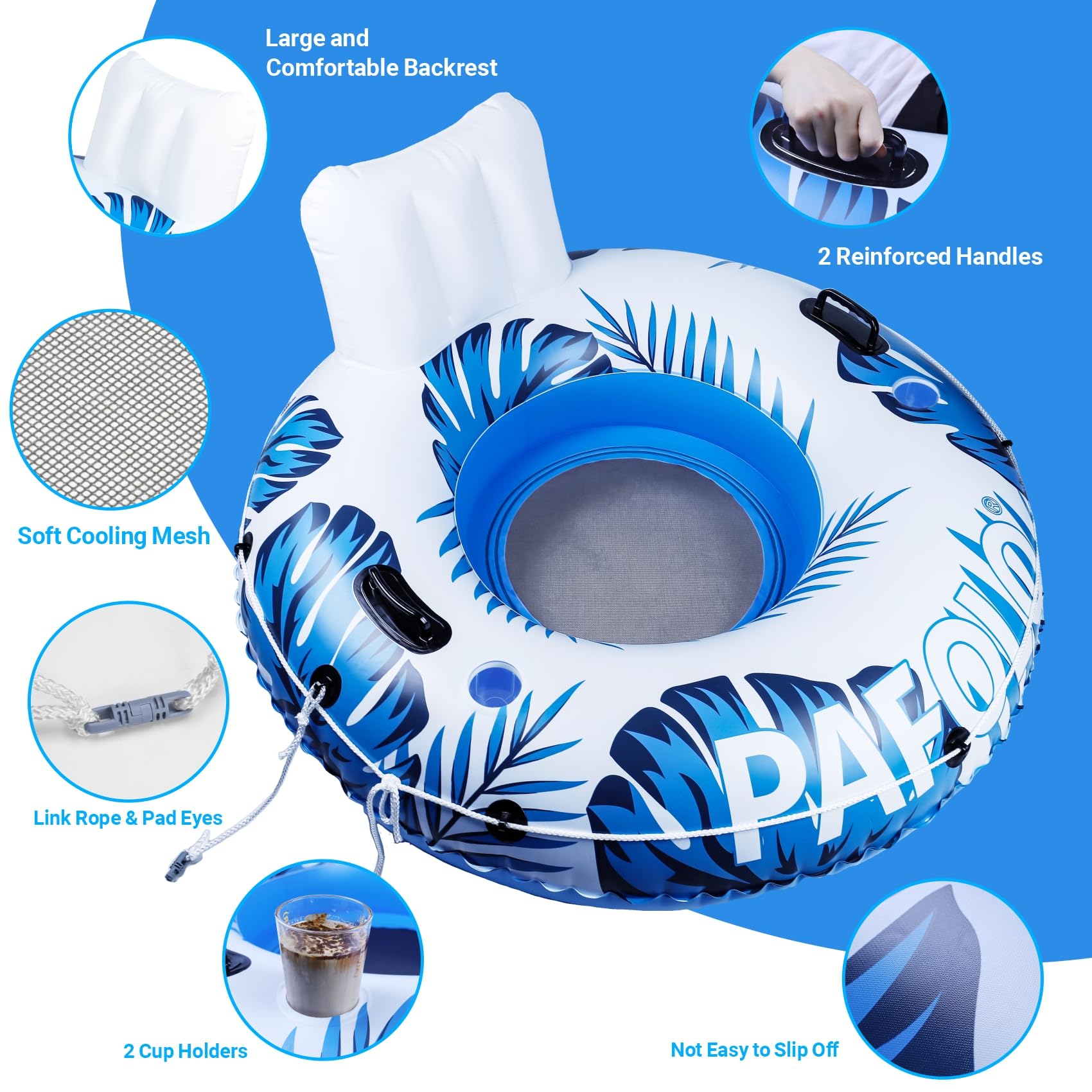Aufblasbarer Pool Luftmatratze Schwimmsessel, Hochleistungs-Pool-Rohr, 135cm Erwachsene River-Tubes Sofa für Strand- und See-Rafting mit Netzboden, 2 Getränkehalter 2 Haltegriffe, Tragkraft 205kg