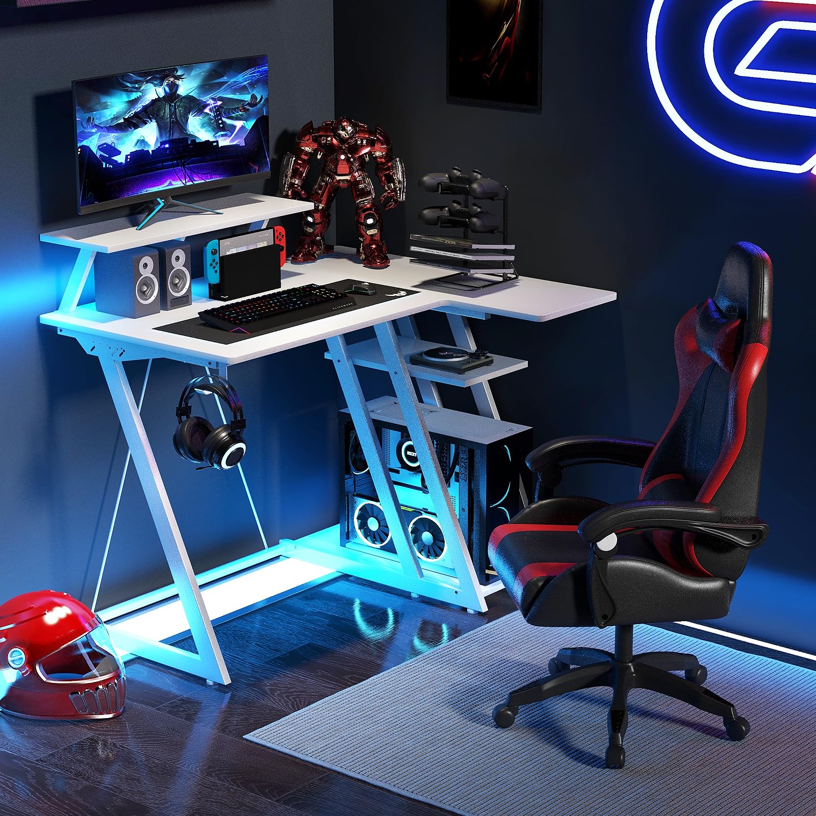 COSTWAY Scrivania Angolare Salvaspazio, Scrivania da Gaming con Prese, Porte USB, Ripiano per Monitor, Gancio per Cuffie, Ripiano e Supporto per CPU, Scrivania ad Angolo per Casa e Ufficio (Bianco)